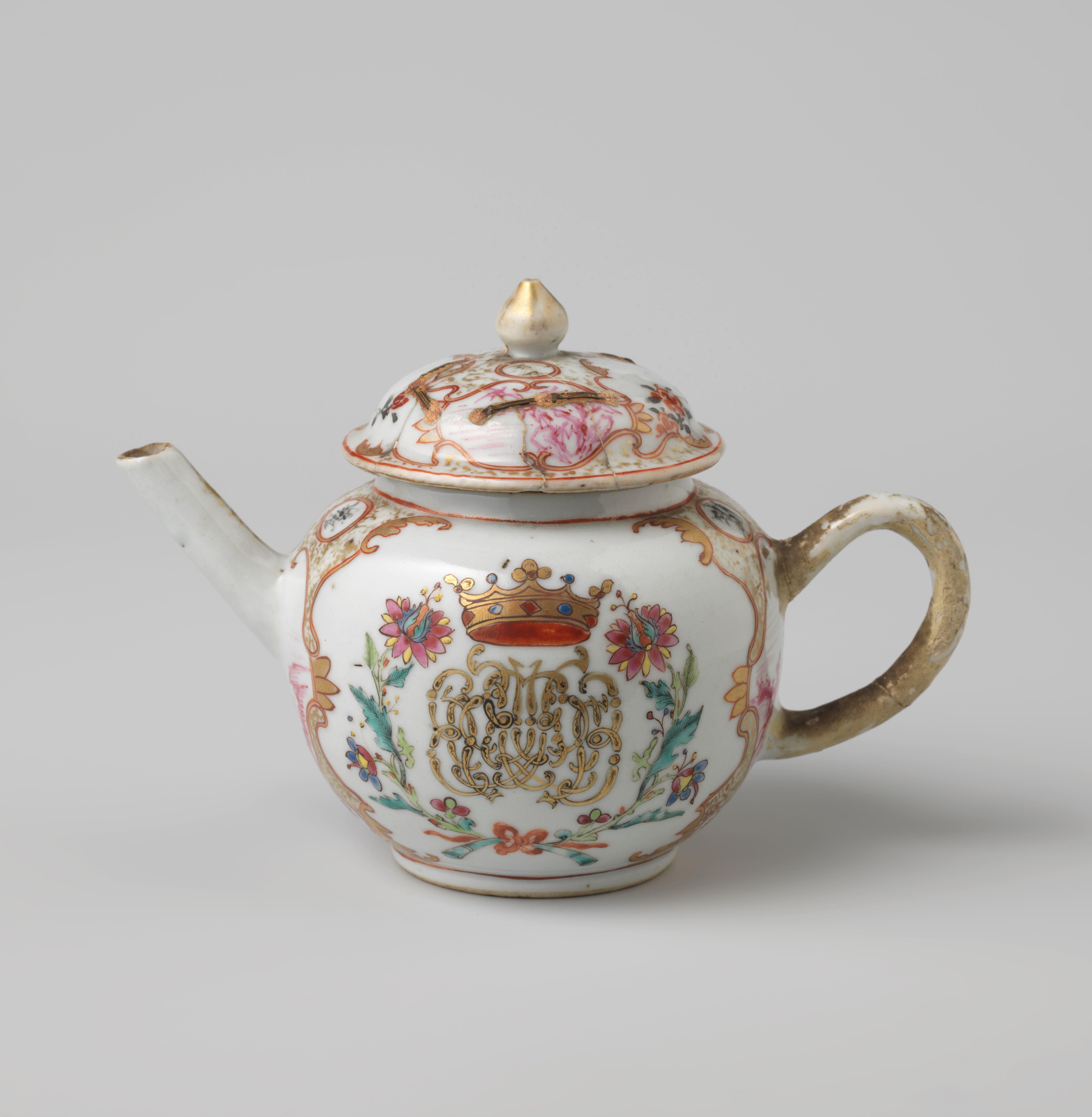 Teapot with a crowned, illegible monogram surrounded by two flower sprays