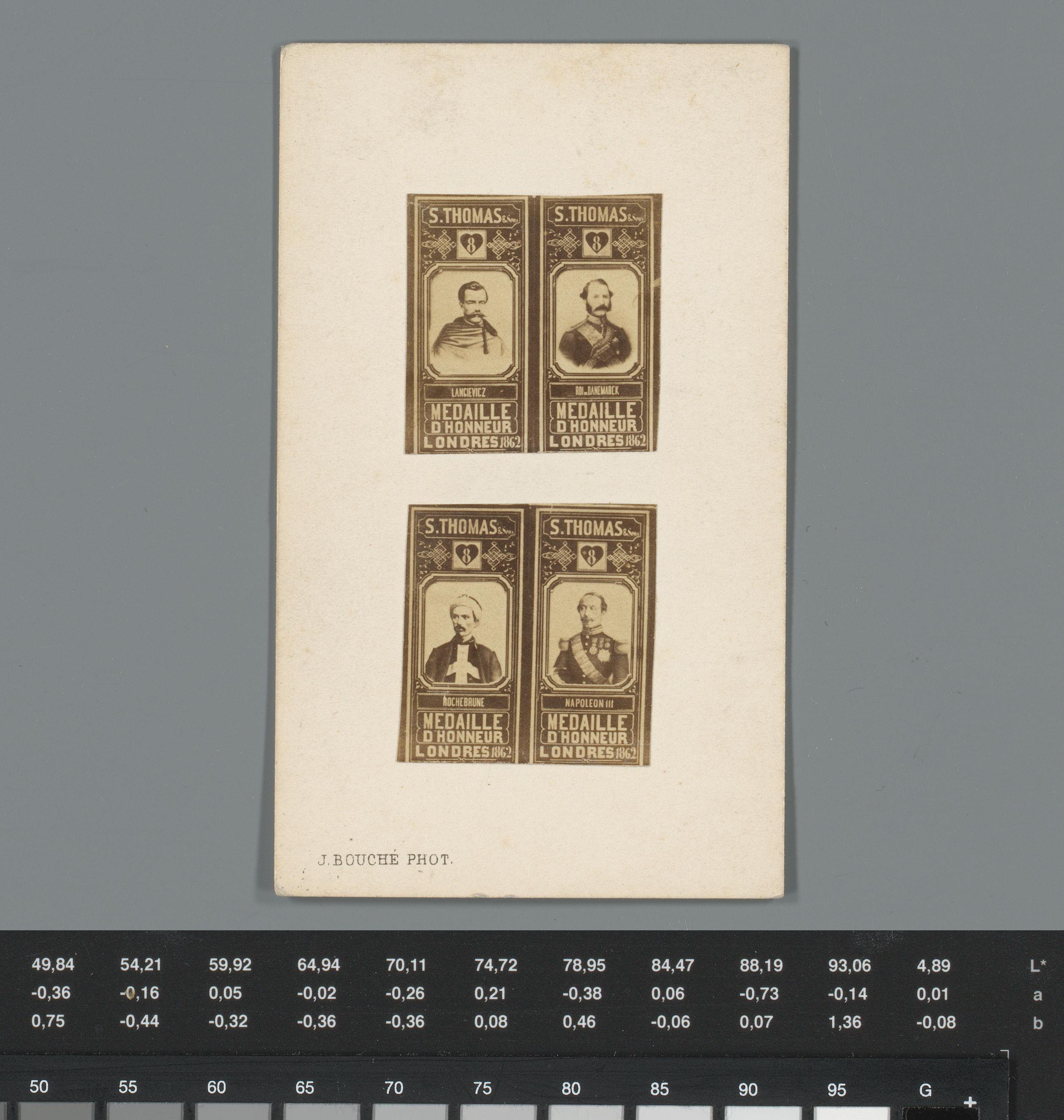 Twee fotoreproducties met vier portretten van Marian Langiewicz, Christiaan IX van Denemarken, François Rochebrune en Napoleon III