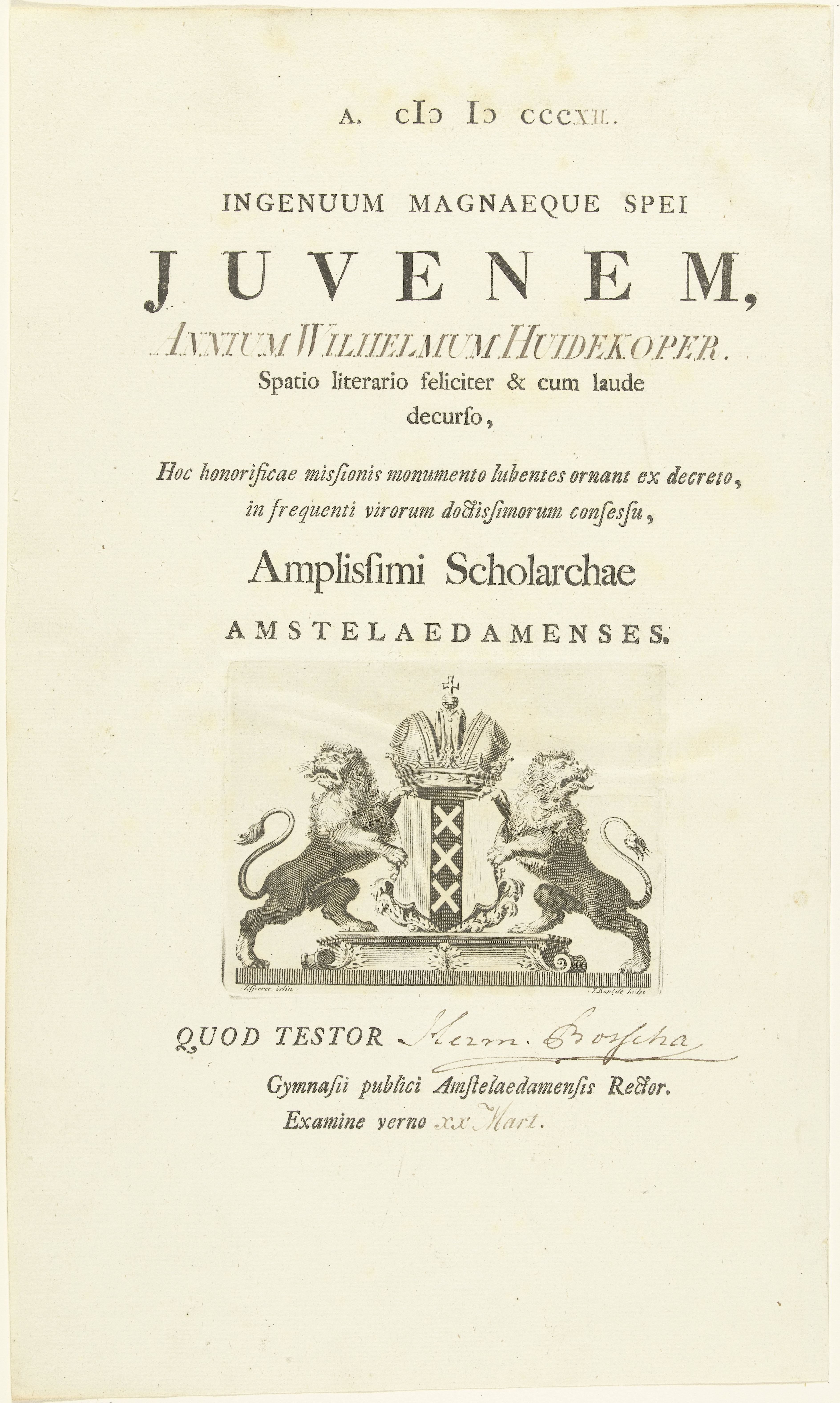 Oorkonde van het Atheneum Illustre in Amsterdam