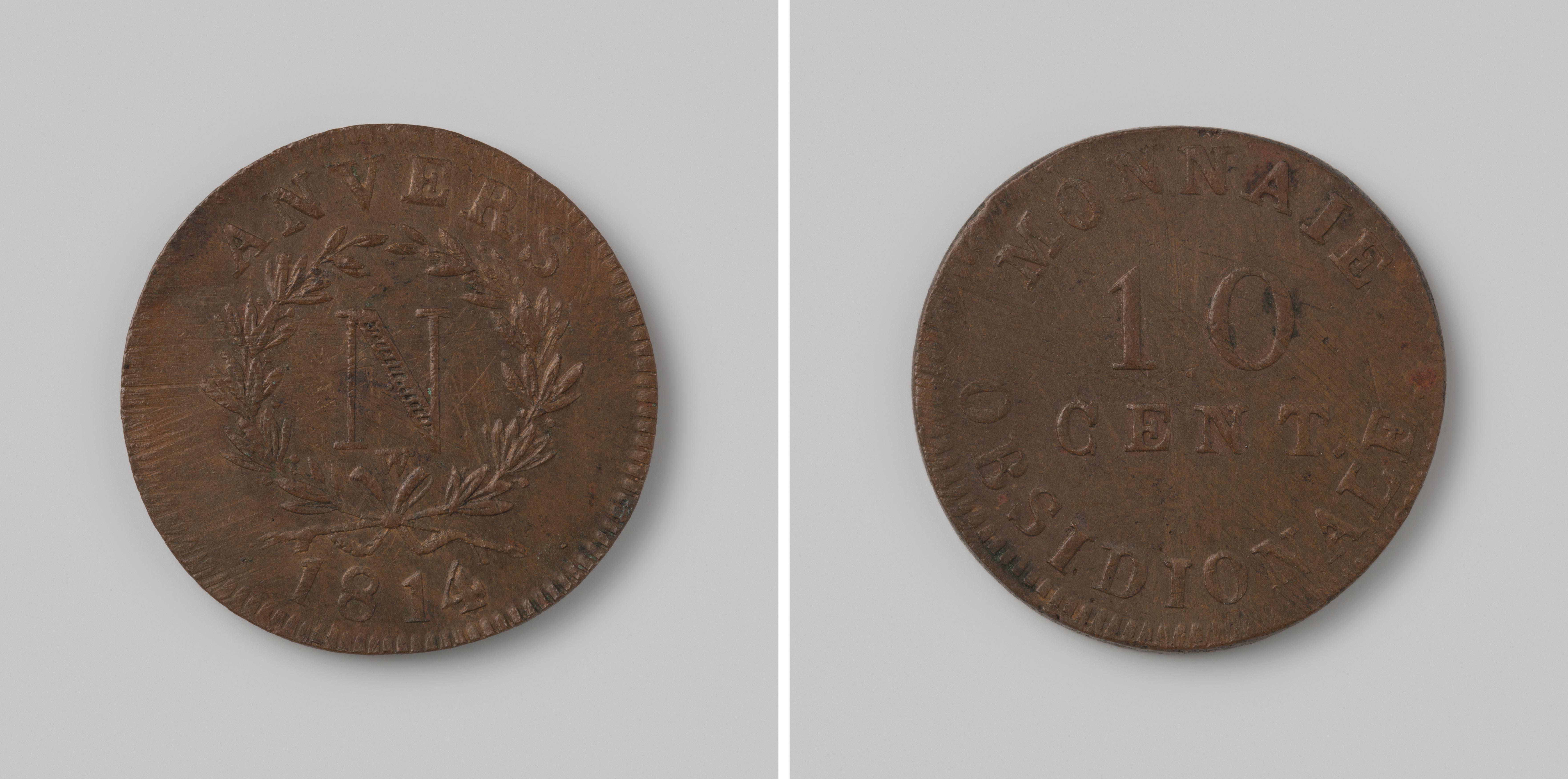 Tien centimes, noodmunt uit Antwerpen op naam van Napoleon, 1814