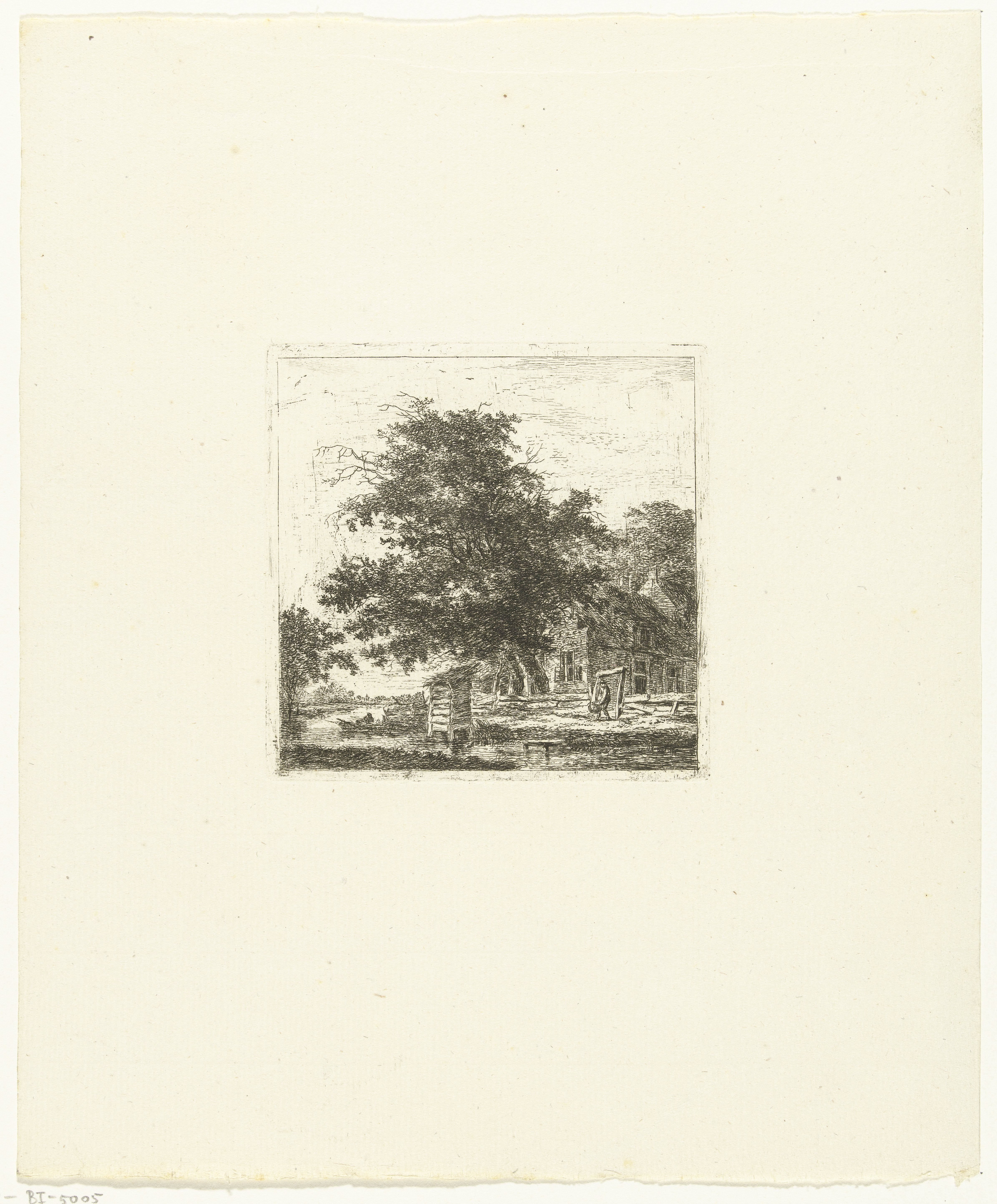 Landschap met huis en visser in een boot