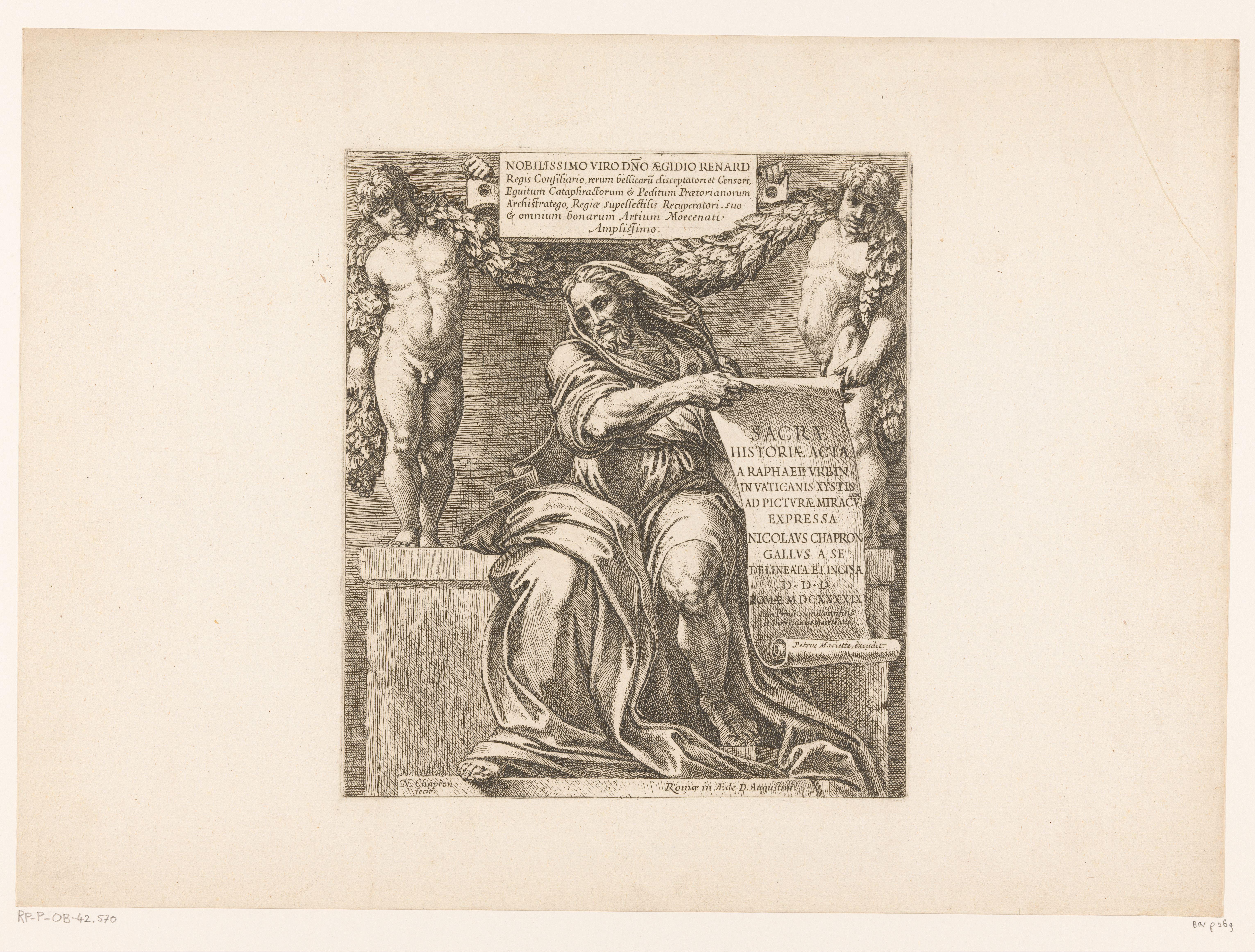 Titelprent met de profeet Jesaja met papierrol en twee putti