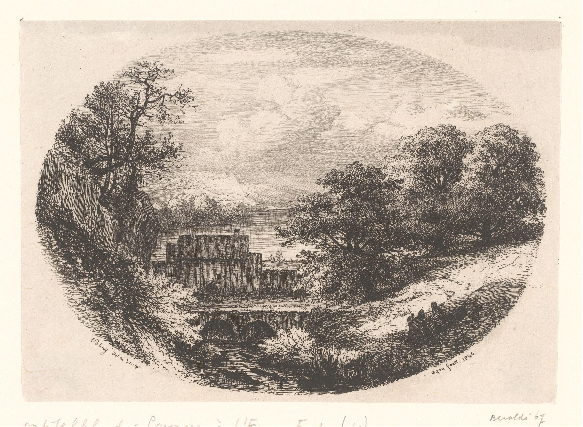 Titelprent met landschap, viaduct en twee rustende figuren