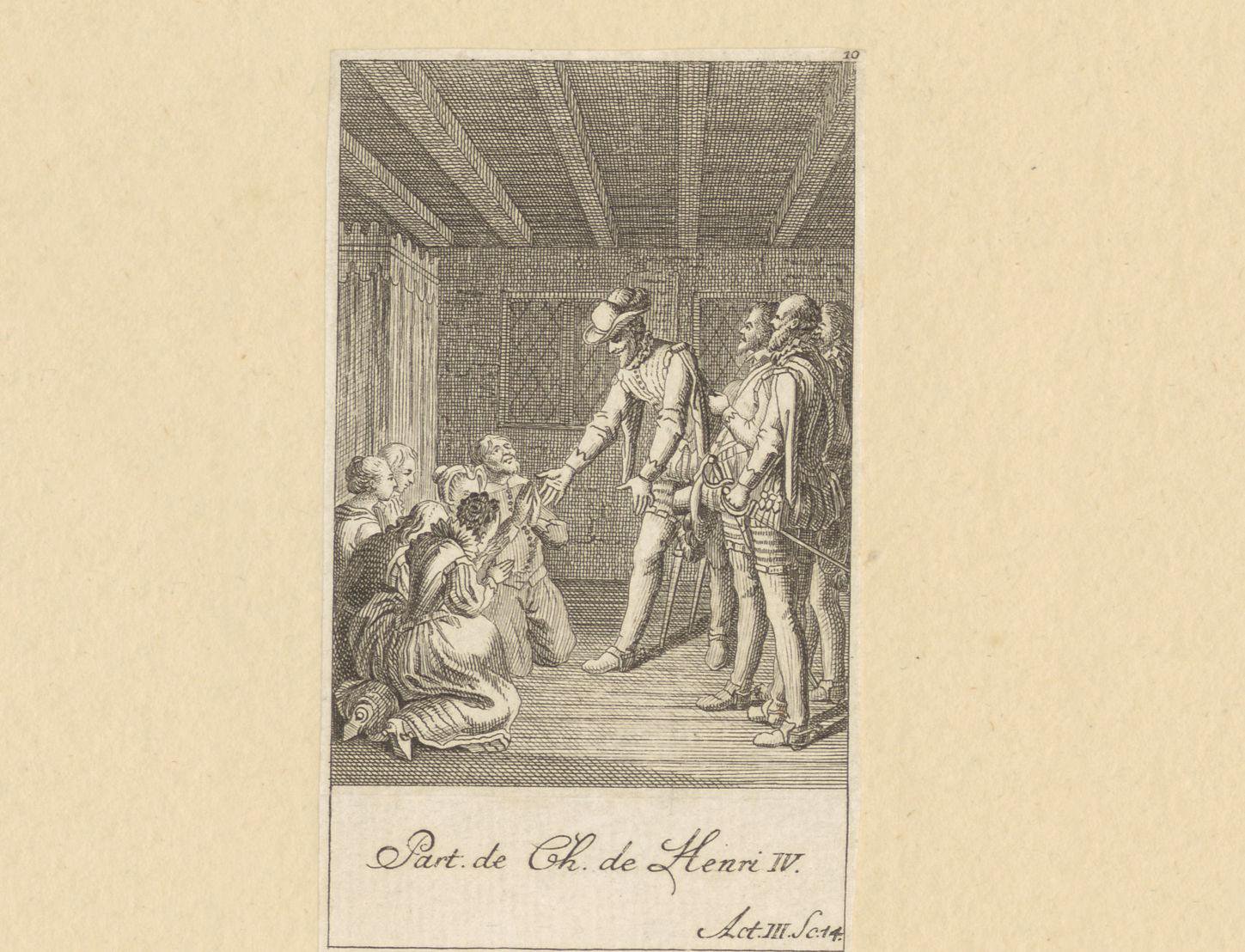 Michau, Margot, Lucas, Catau, Richard en Agathe knielen voor Hendrik IV