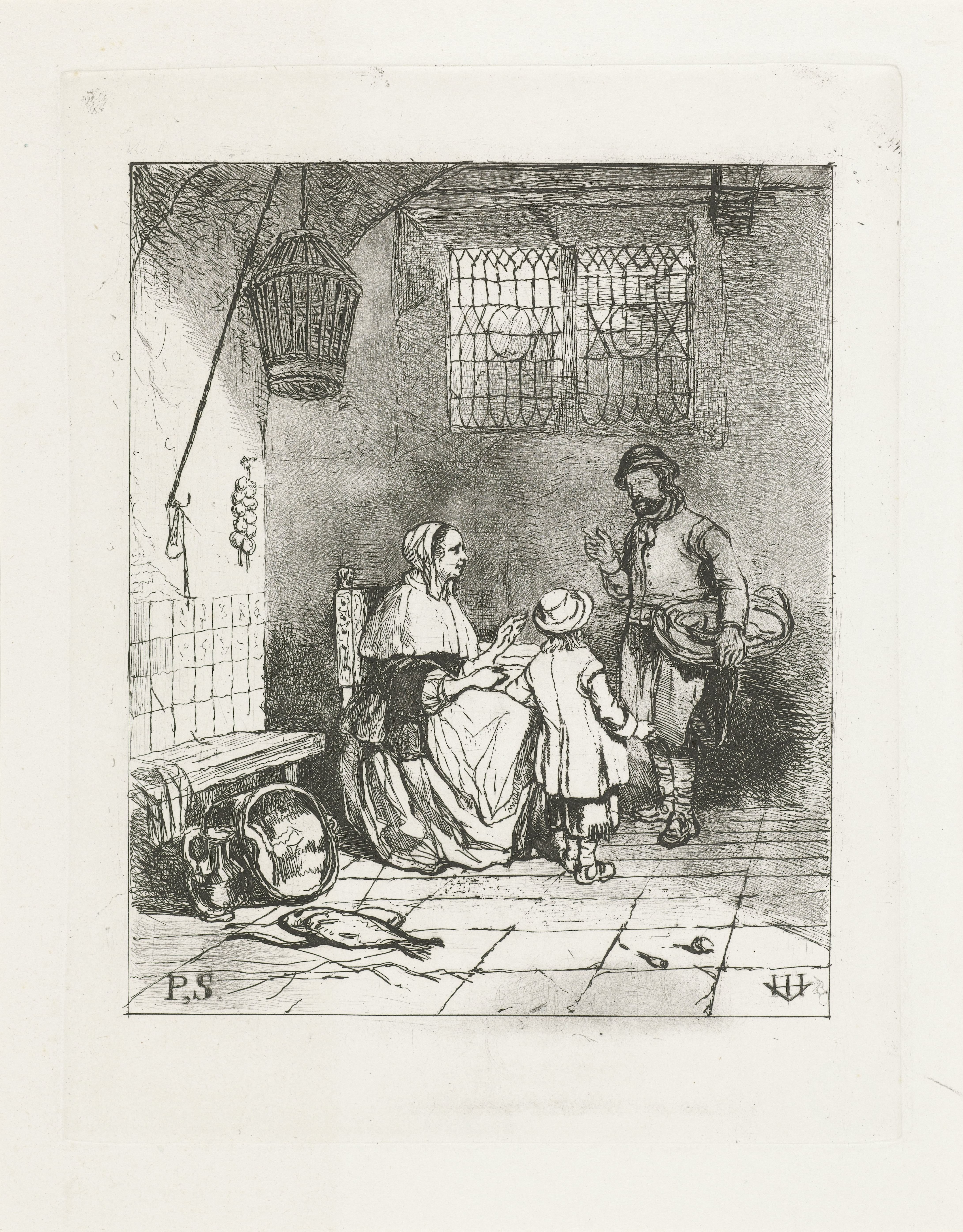 Drie figuren in een keukeninterieur