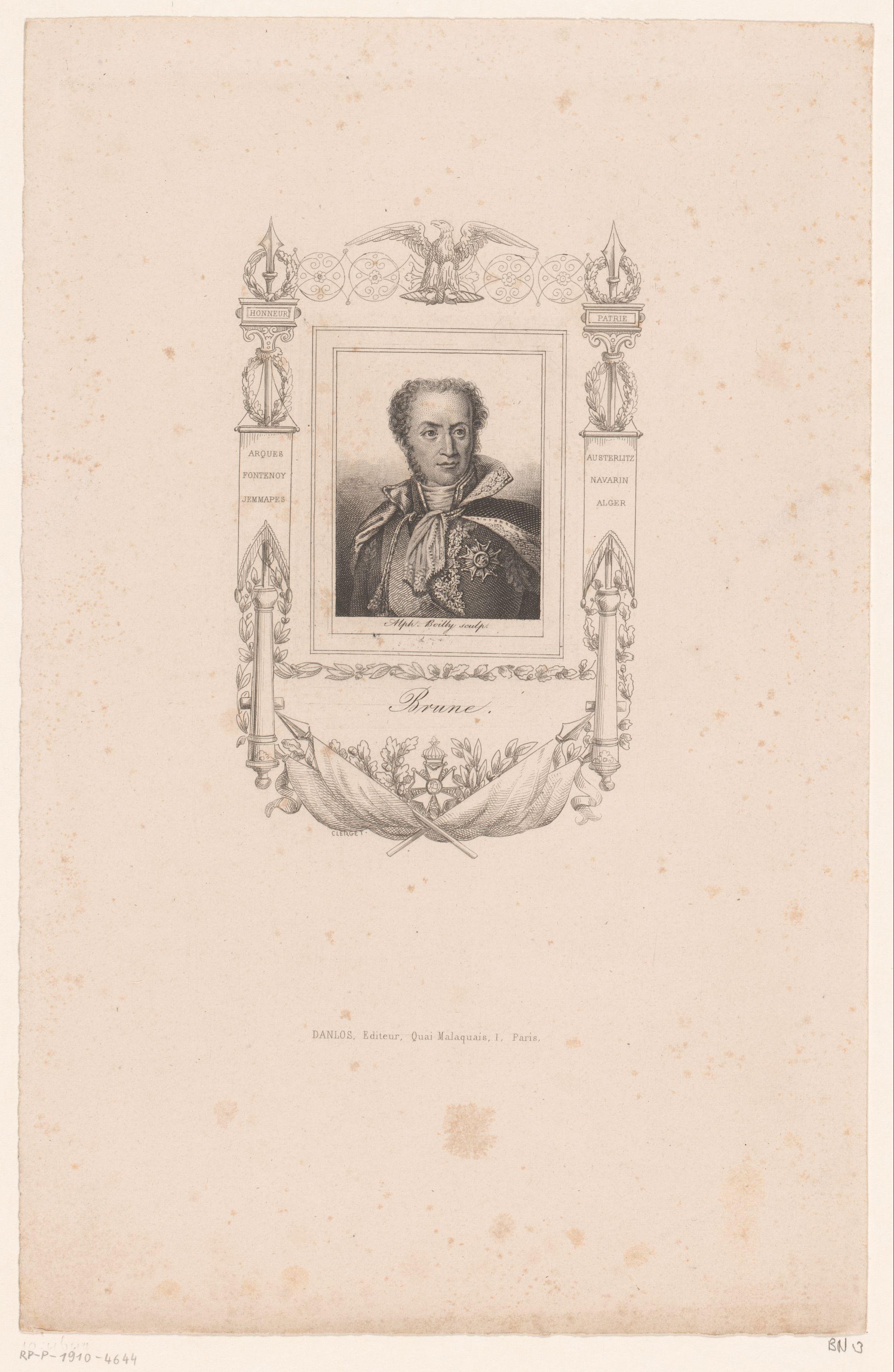 Portret van Guillaume Brune in een versierde cartouche