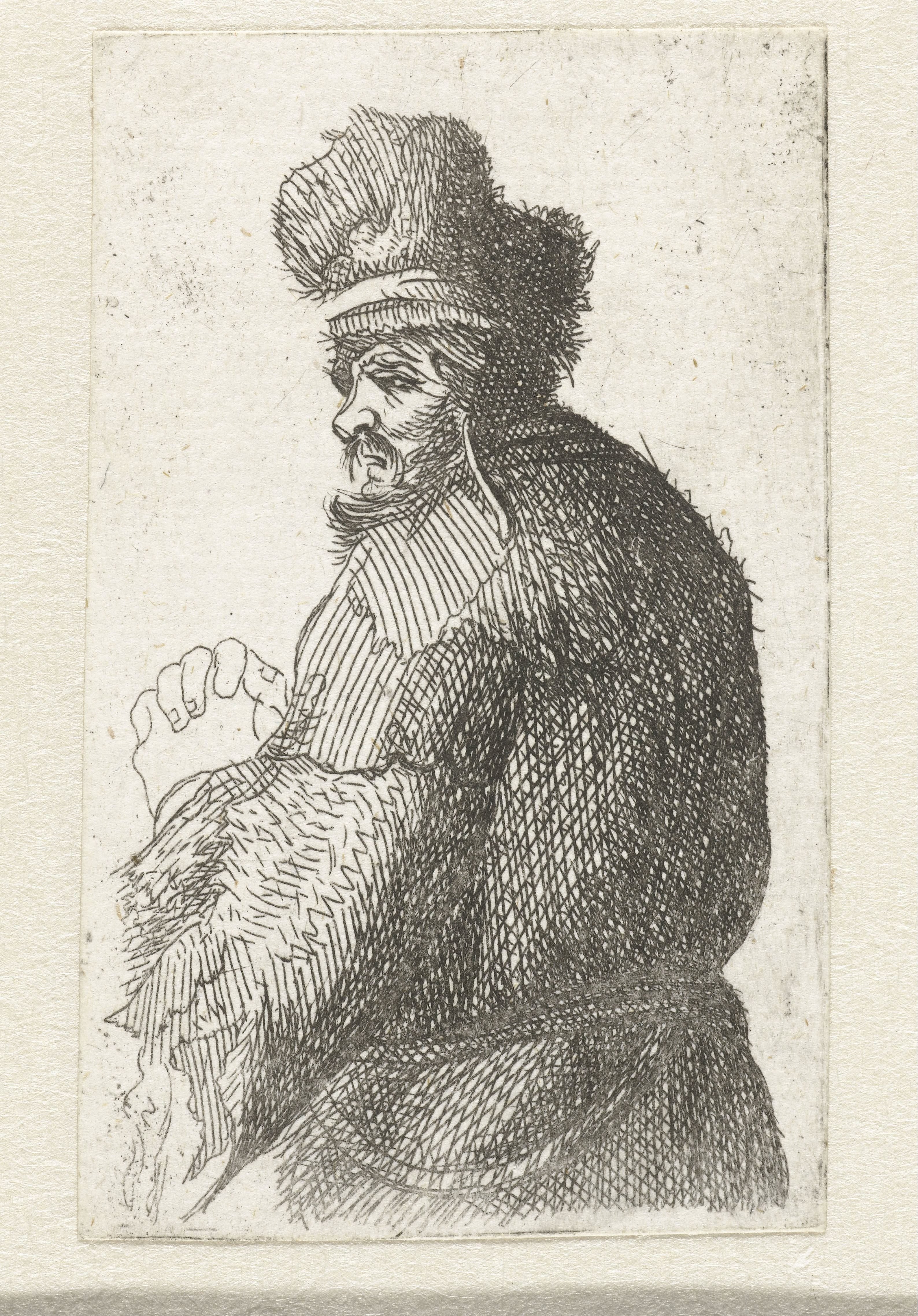 Old man seen from behind, profile right: half figure