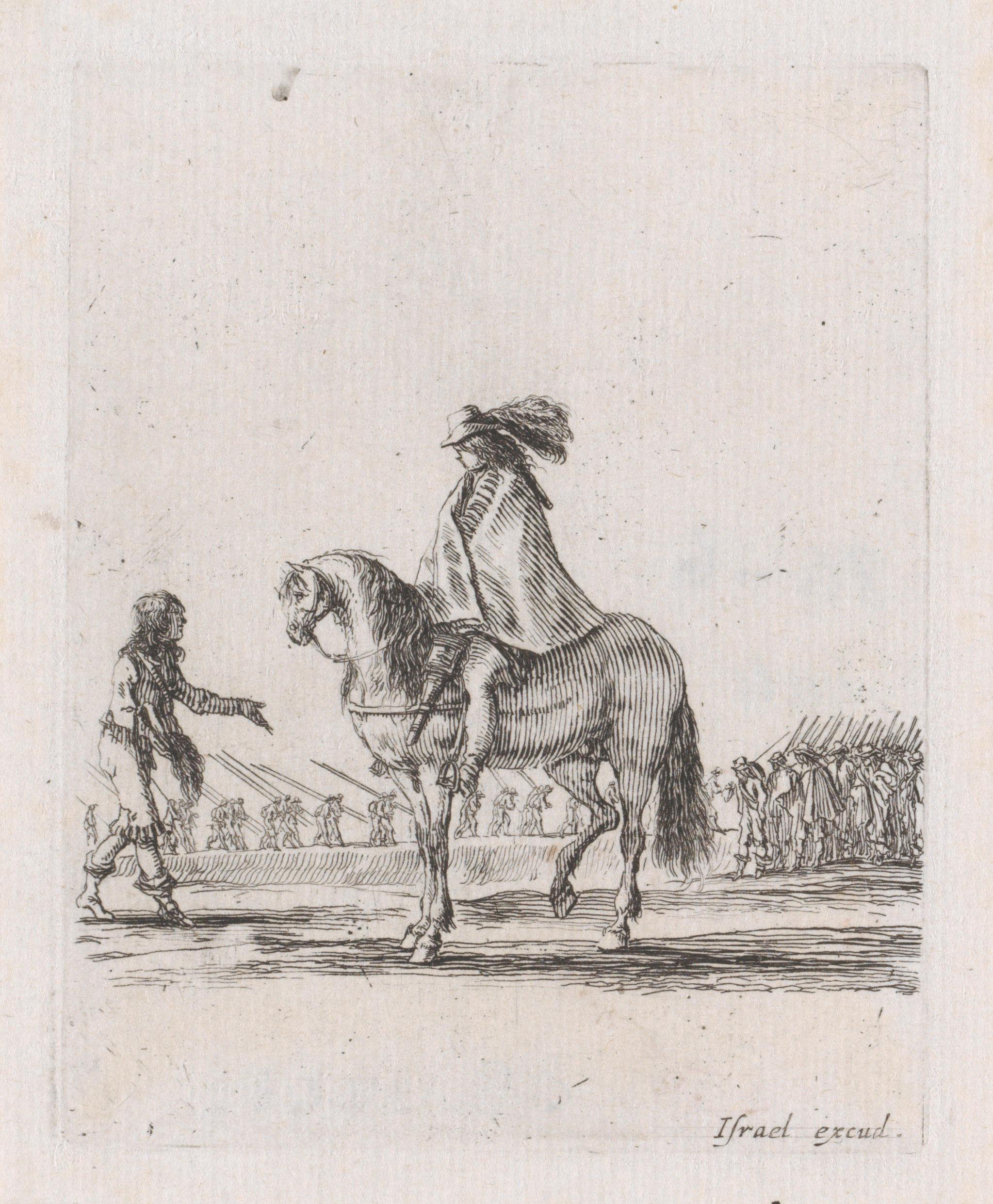 Ruiter met mantel te paard, pratend met een staande man
