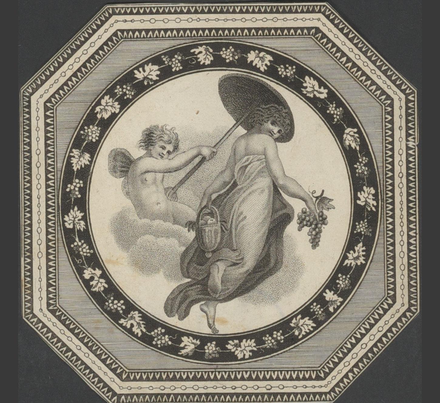 Zwevende vrouw met fruitmand en druiventros met een putto met parasol