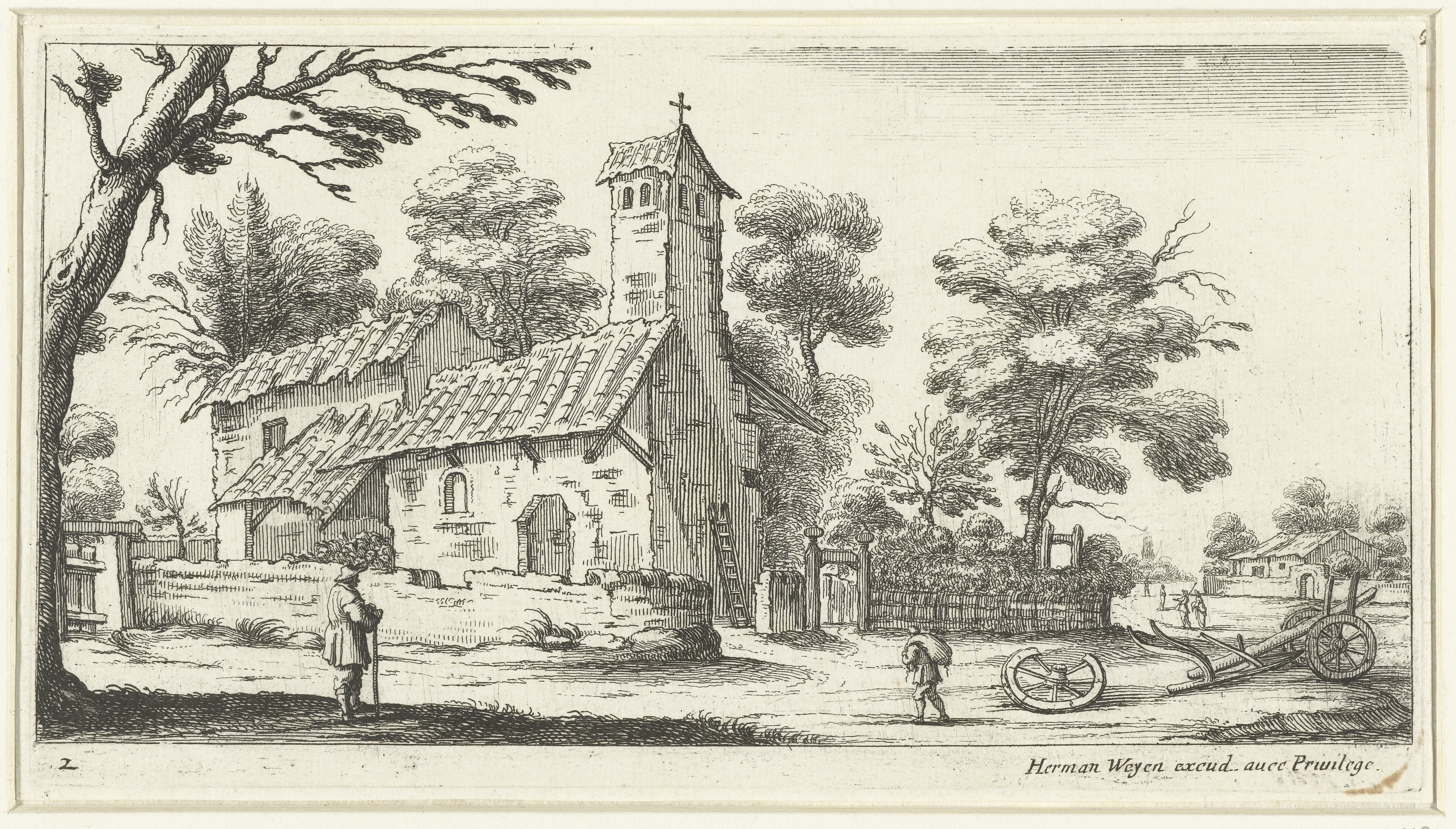 Landschap met een kerk, op de zijmuur gezien