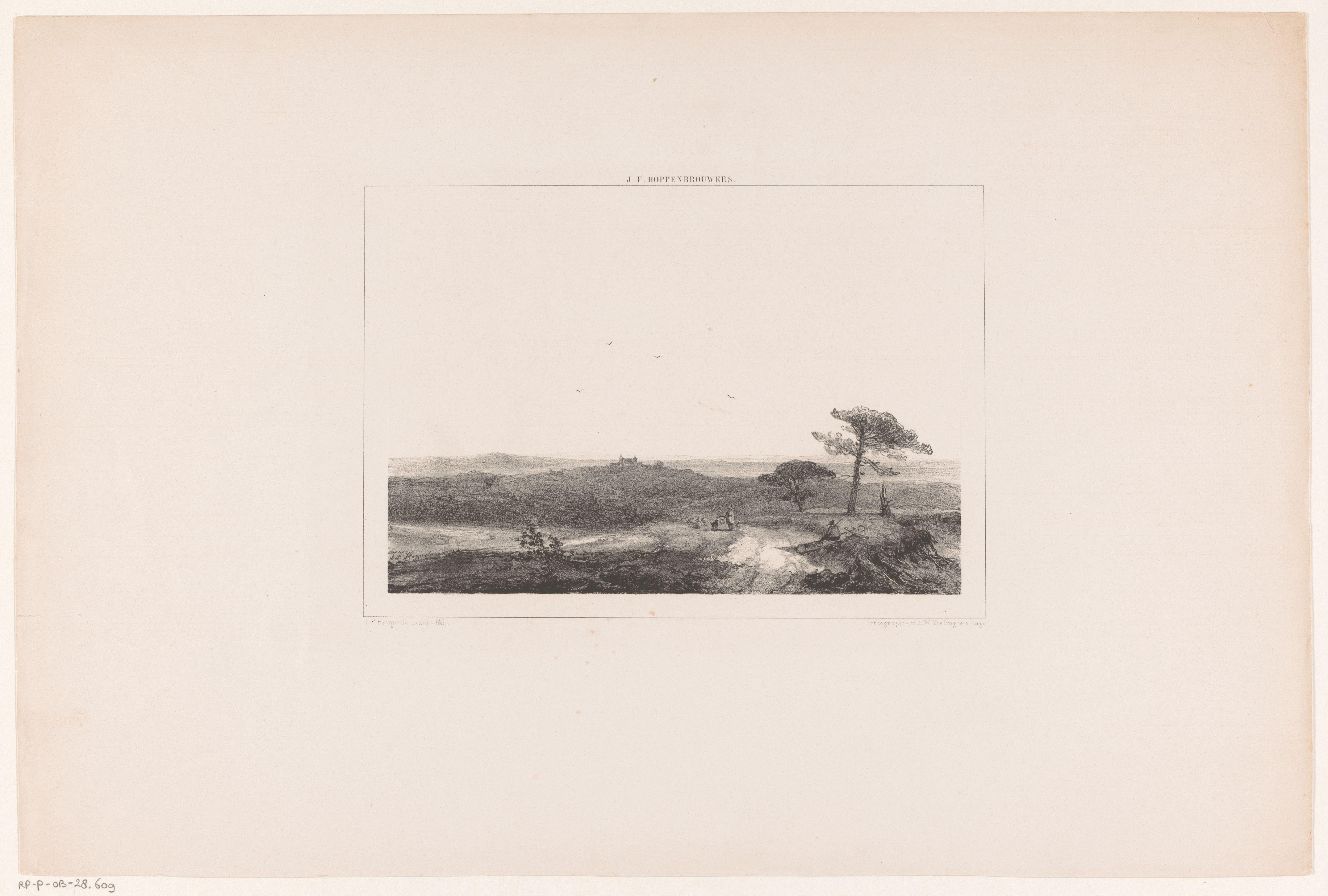 Heidelandschap met rustende wandelaar en herder met kudde