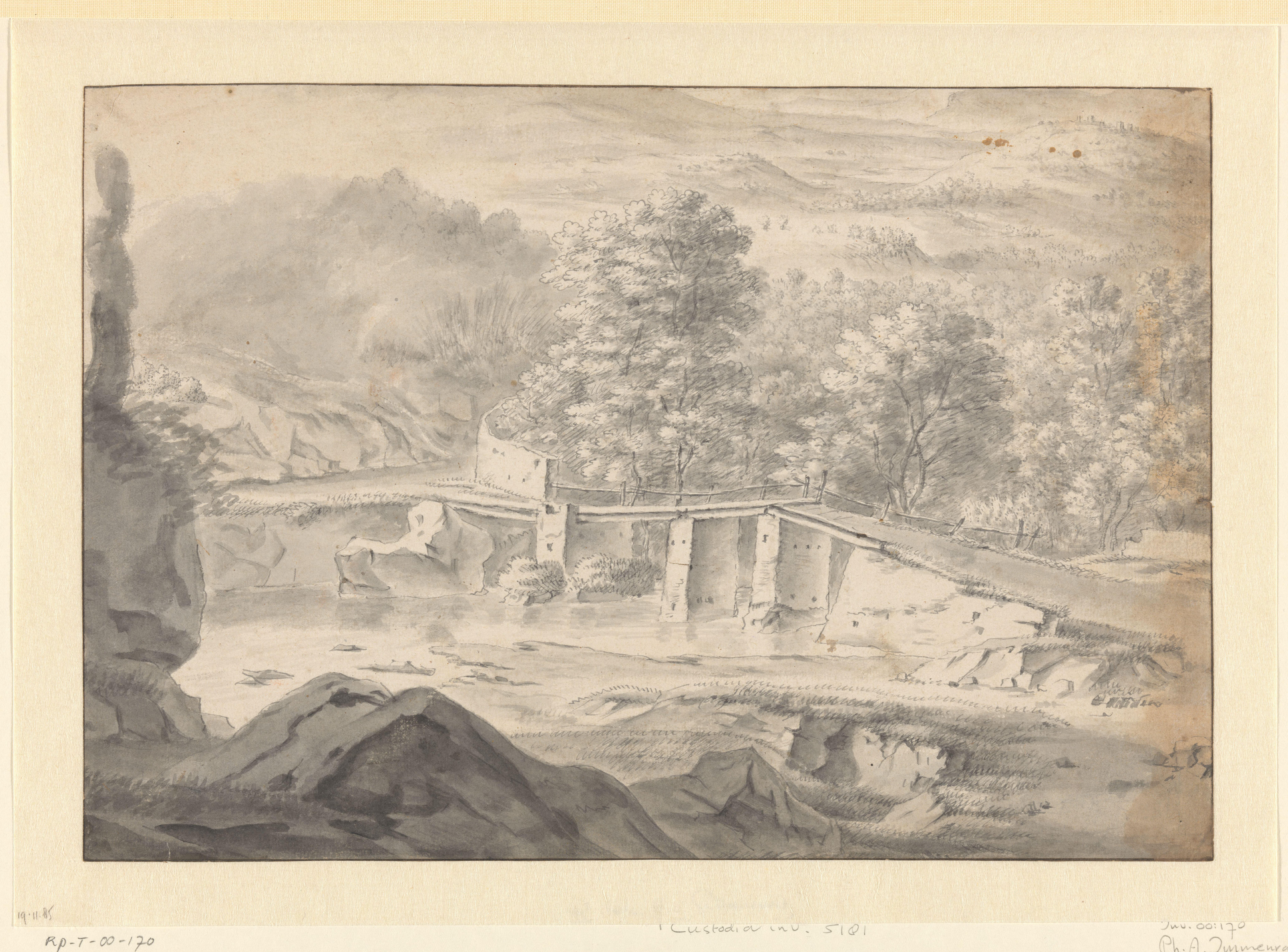 Heuvelachtig landschap met een bruggetje over een rivier