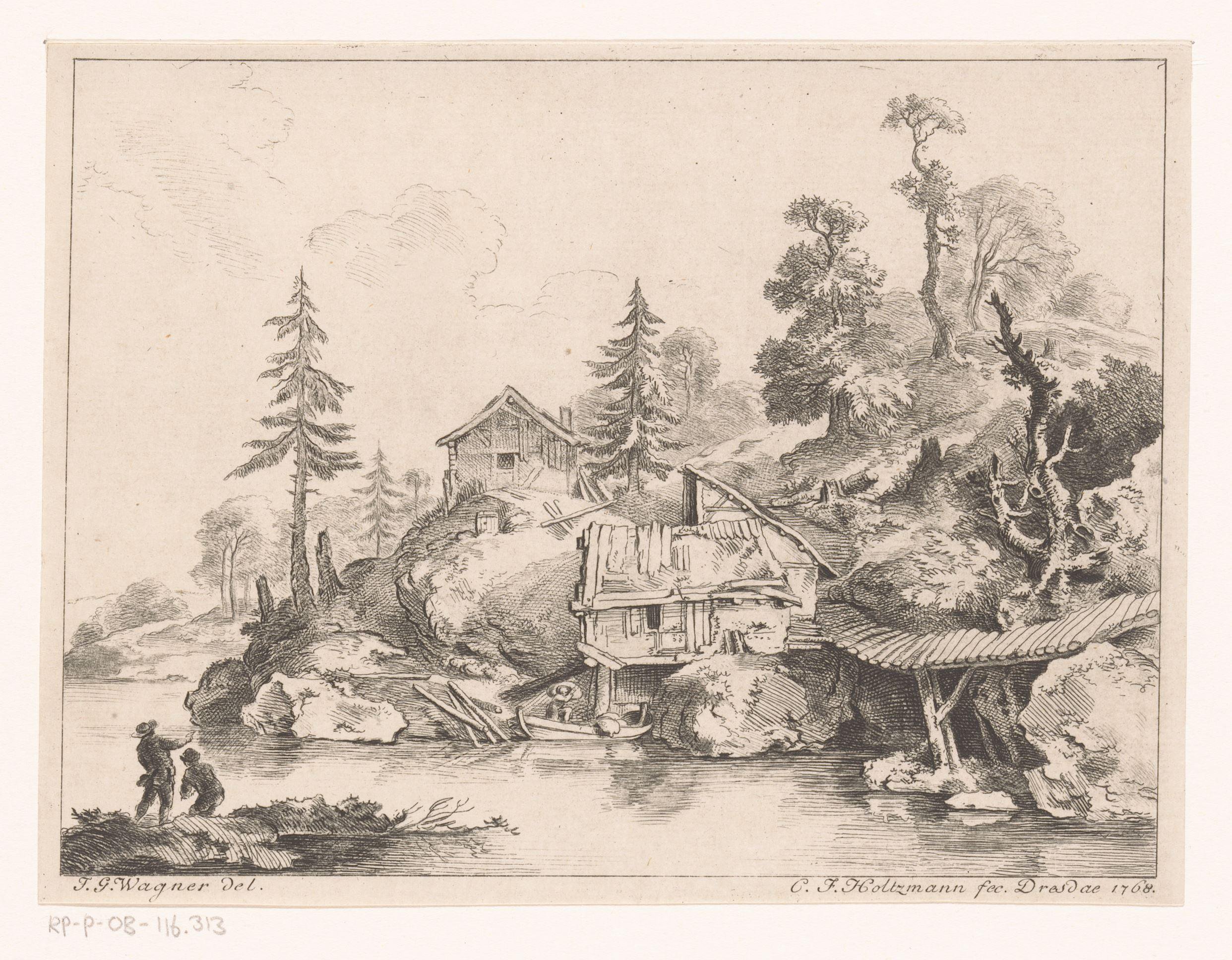 Heuvellandschap met twee hutten aan het water