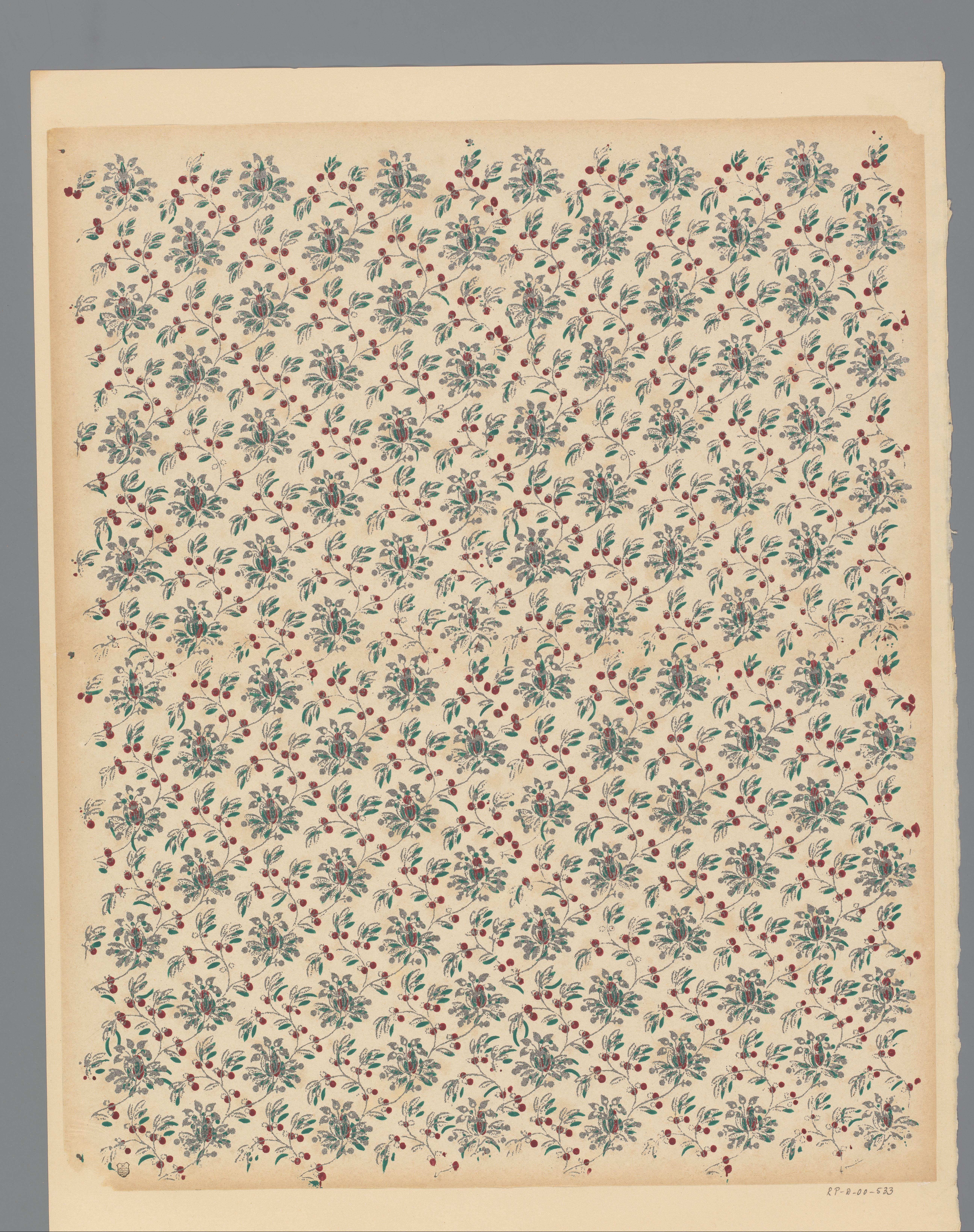 Blad met strooipatroon van ranken met bloemen, bladeren en vruchten