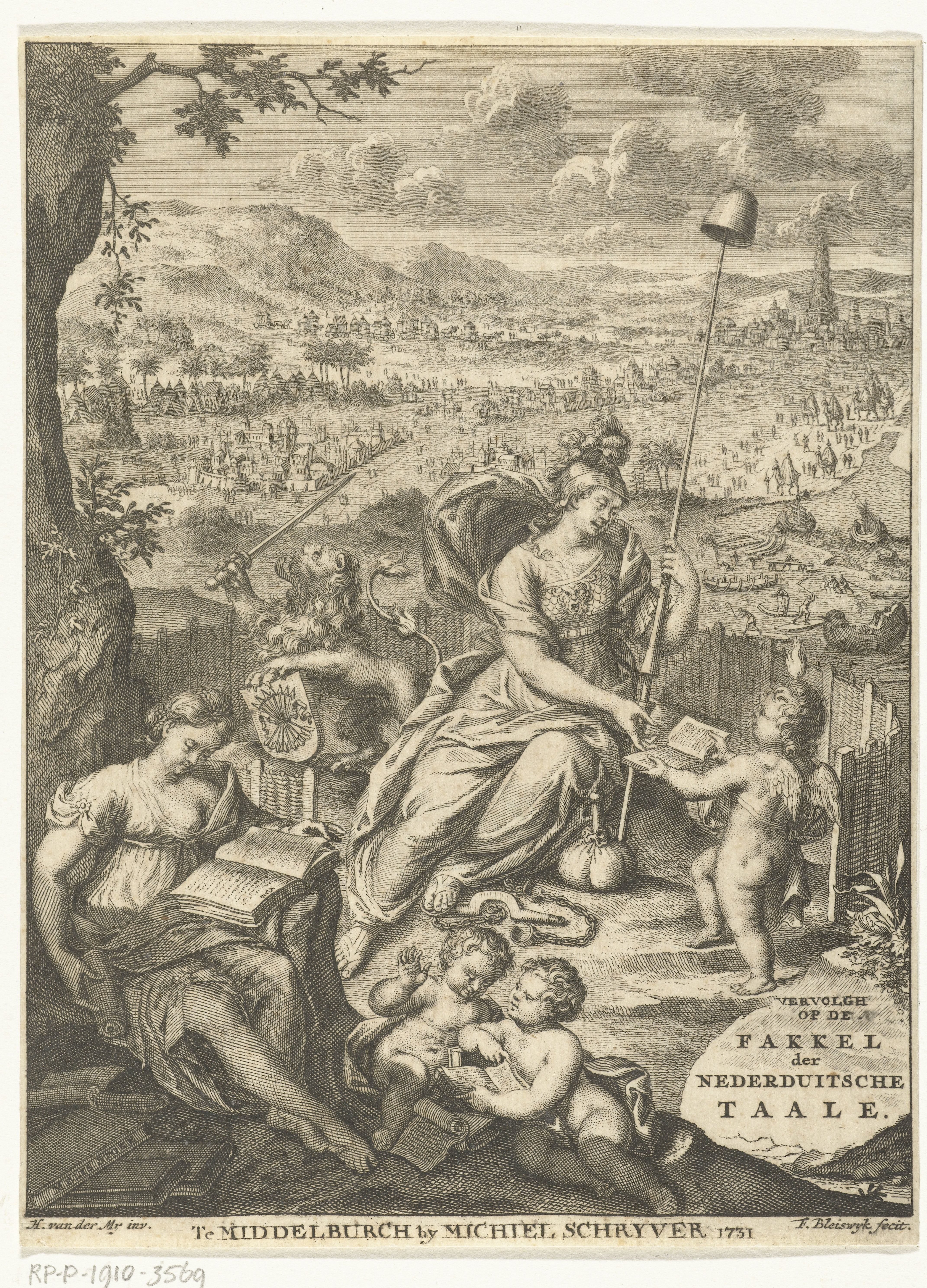 Allegorie op de Nederlandse taal met de Hollandse Maagd en Leeuw