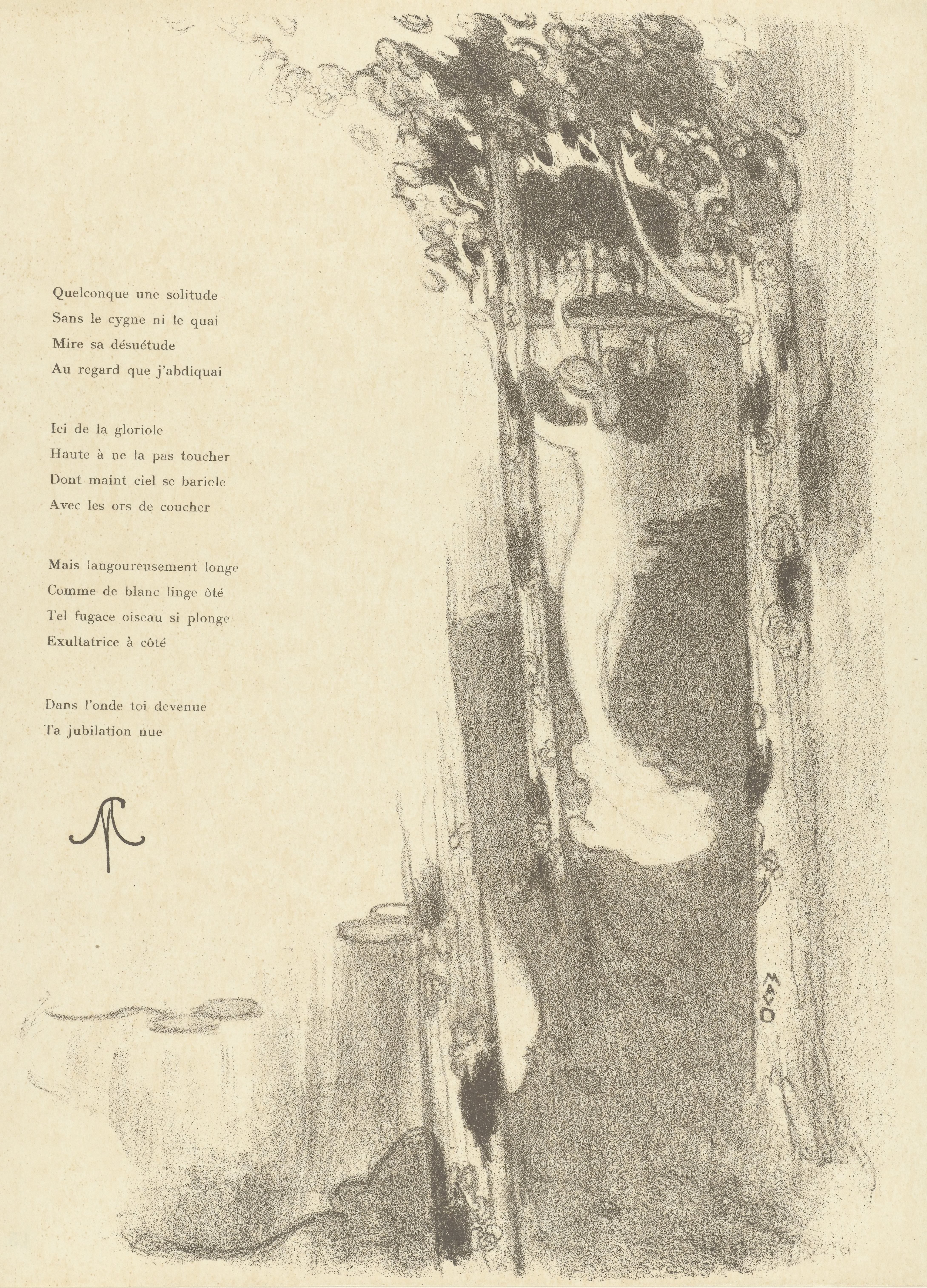 Illustratie met staande naakte vrouw tussen bomen bij een meer bij gedicht Petit Air van Stéphane Mallarmé