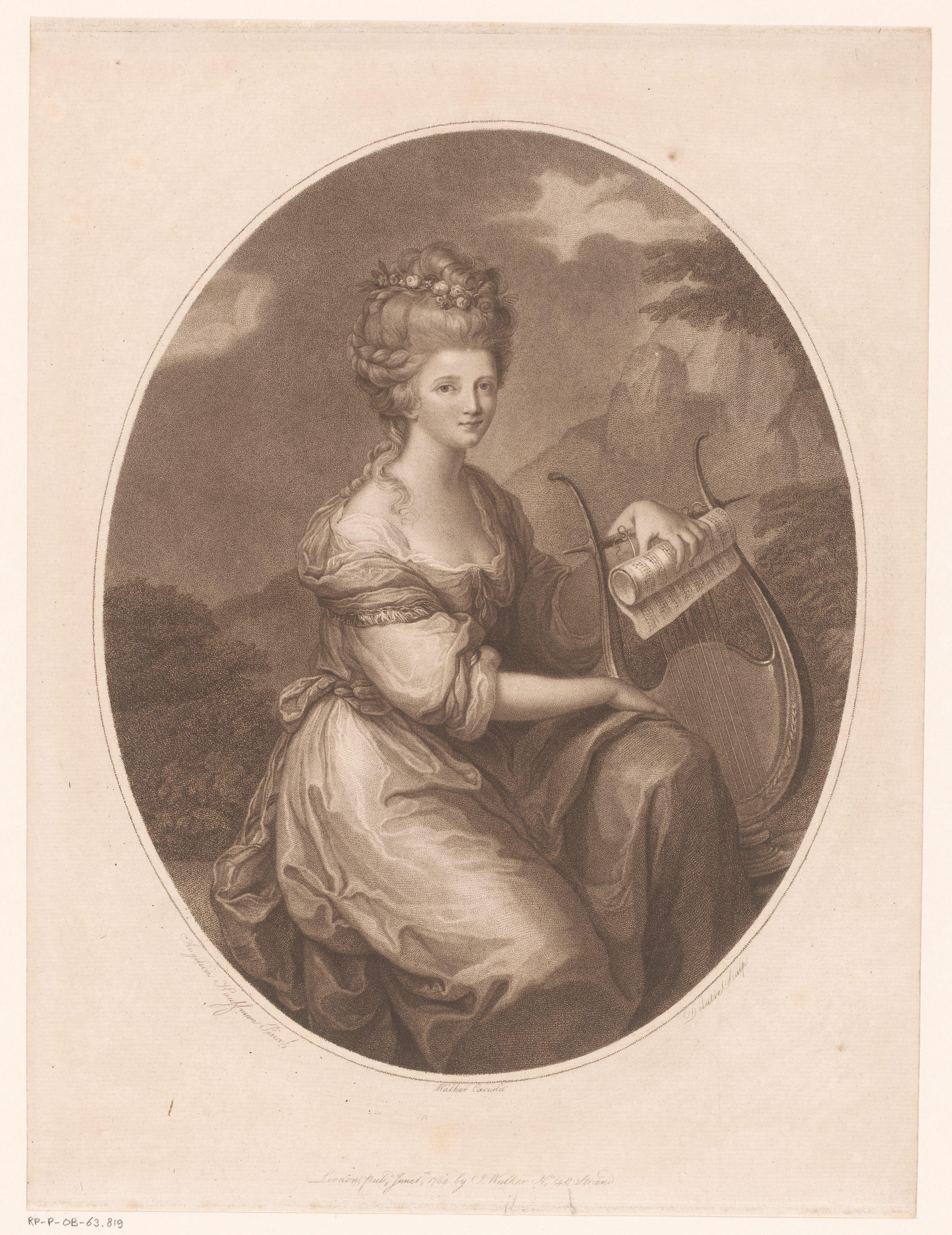 Portret van Sarah Bates met harp en bladmuziek
