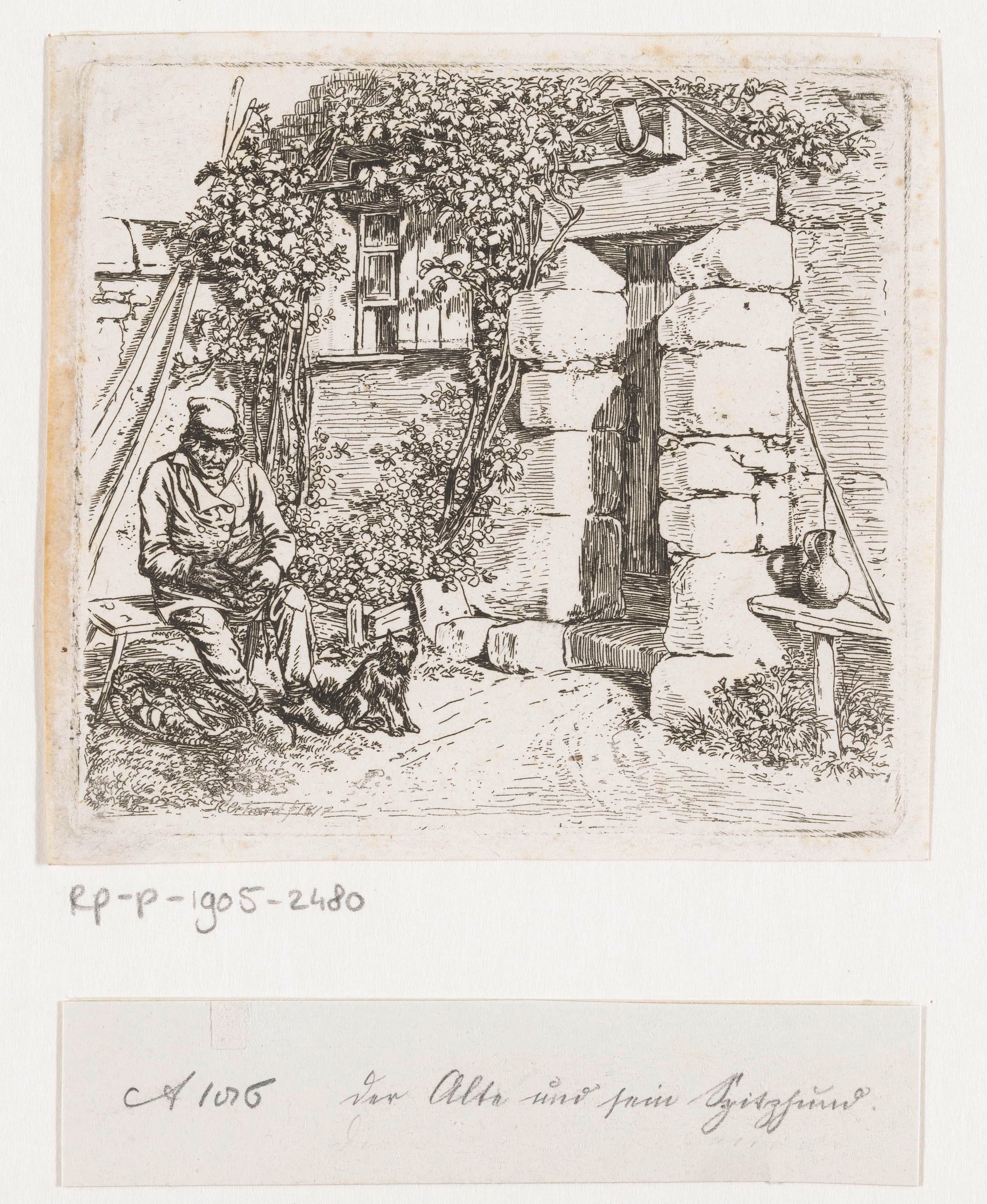 Oude man met keeshond voor een huis