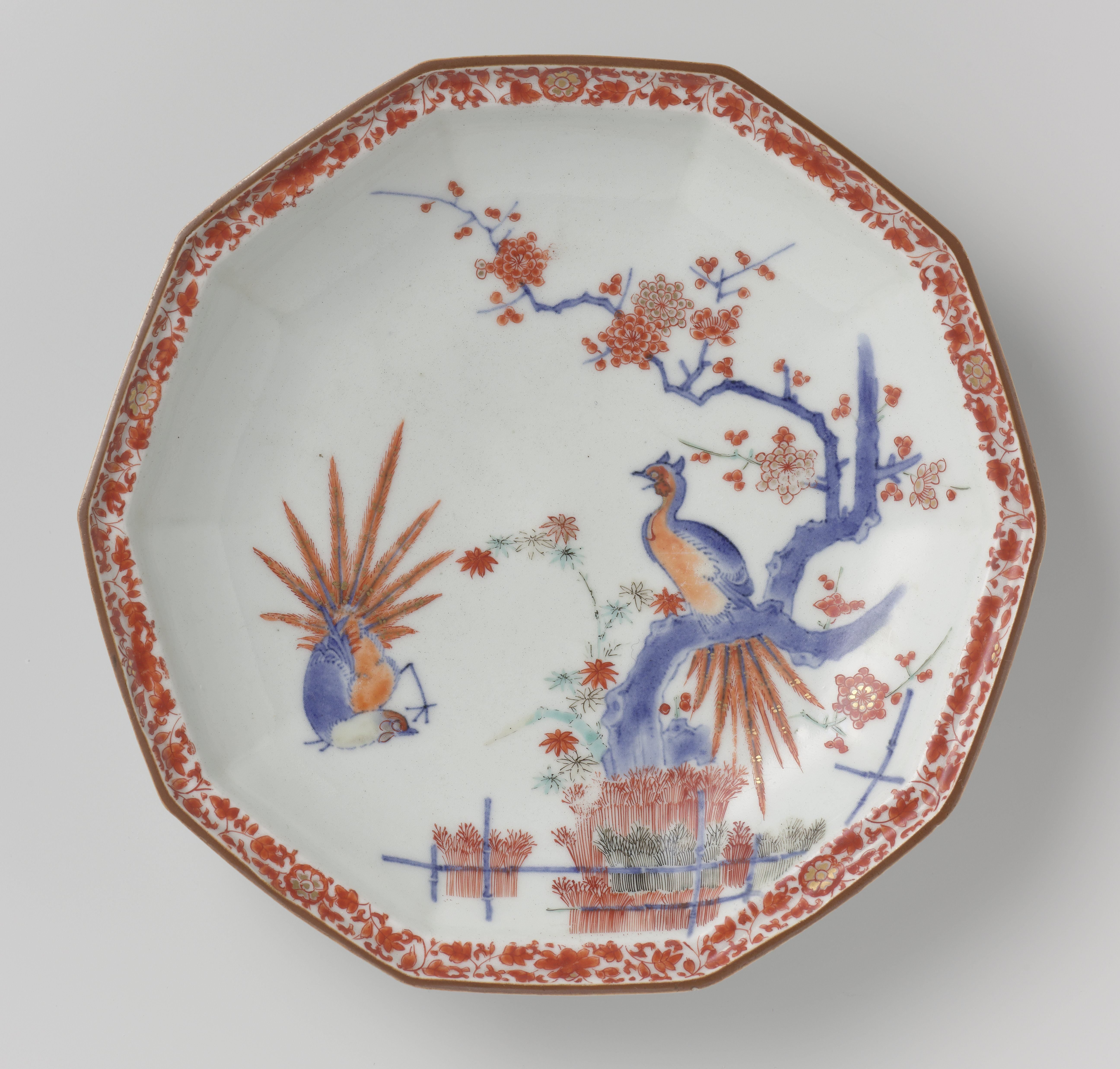 Decagonal dish with brushwood fences, bamboo, prunus and pheasants