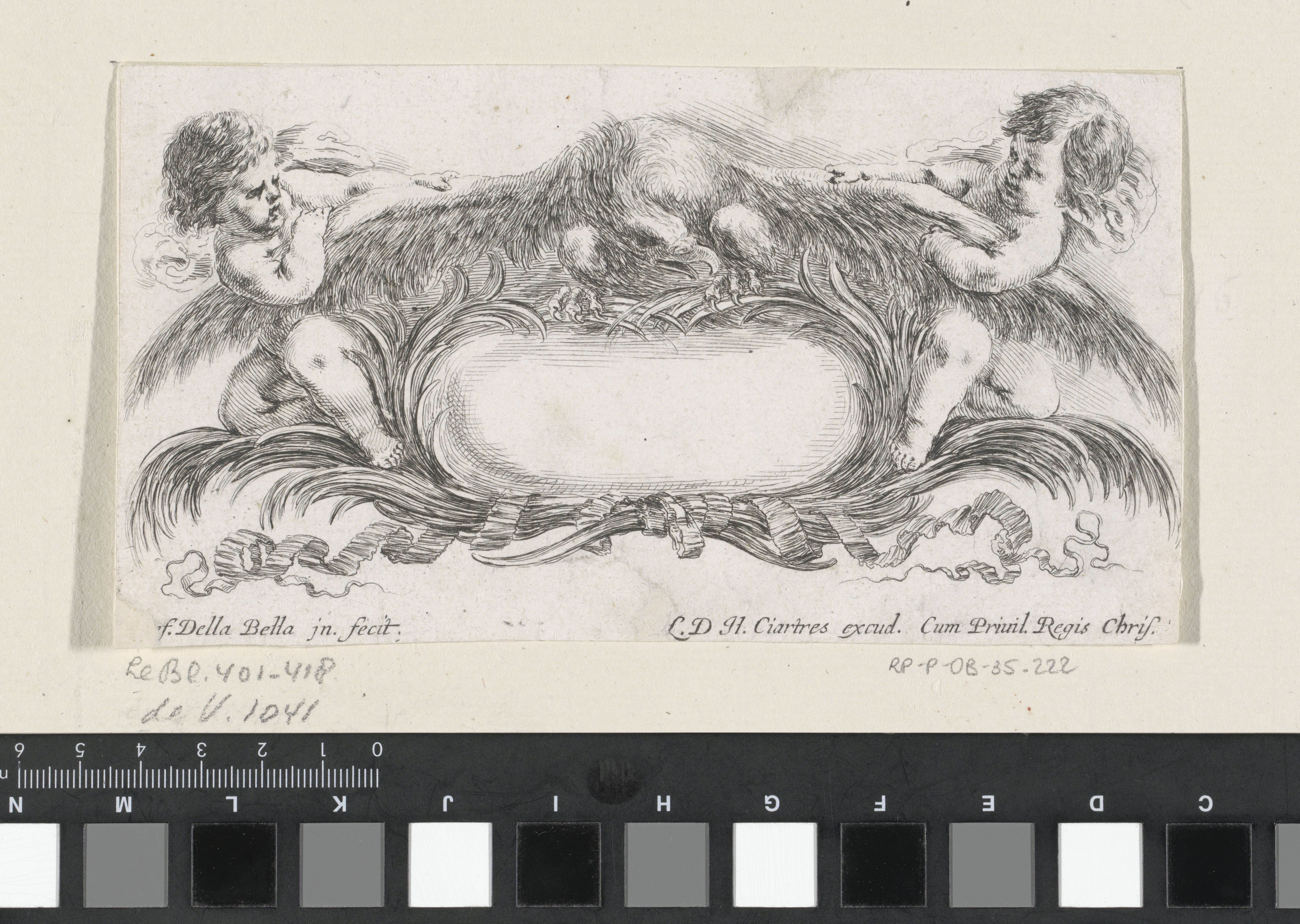 Cartouche met twee putti die aan de vleugels van een adelaar trekken