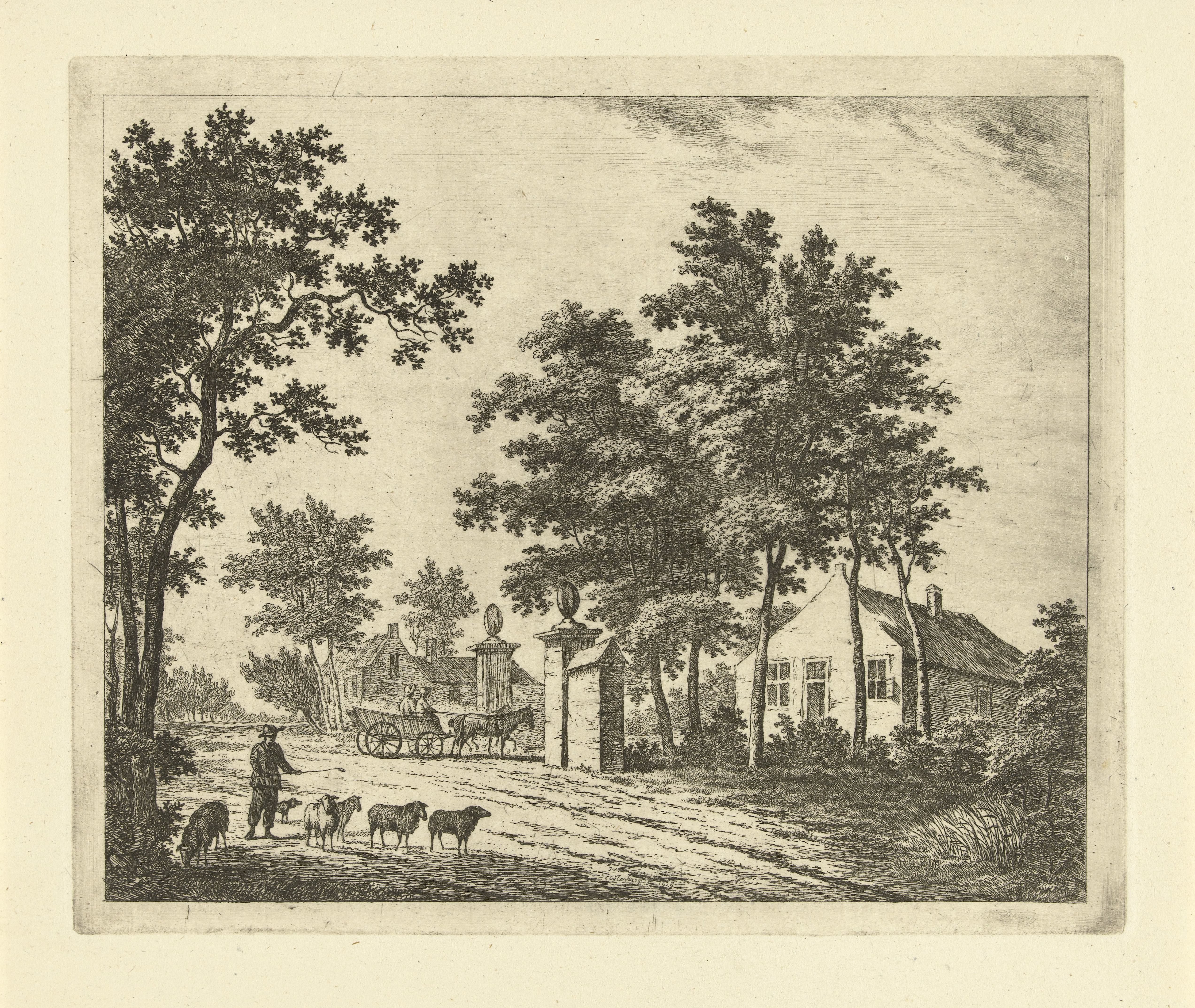 Landschap met huizen aan landweg en herder met kudde schapen