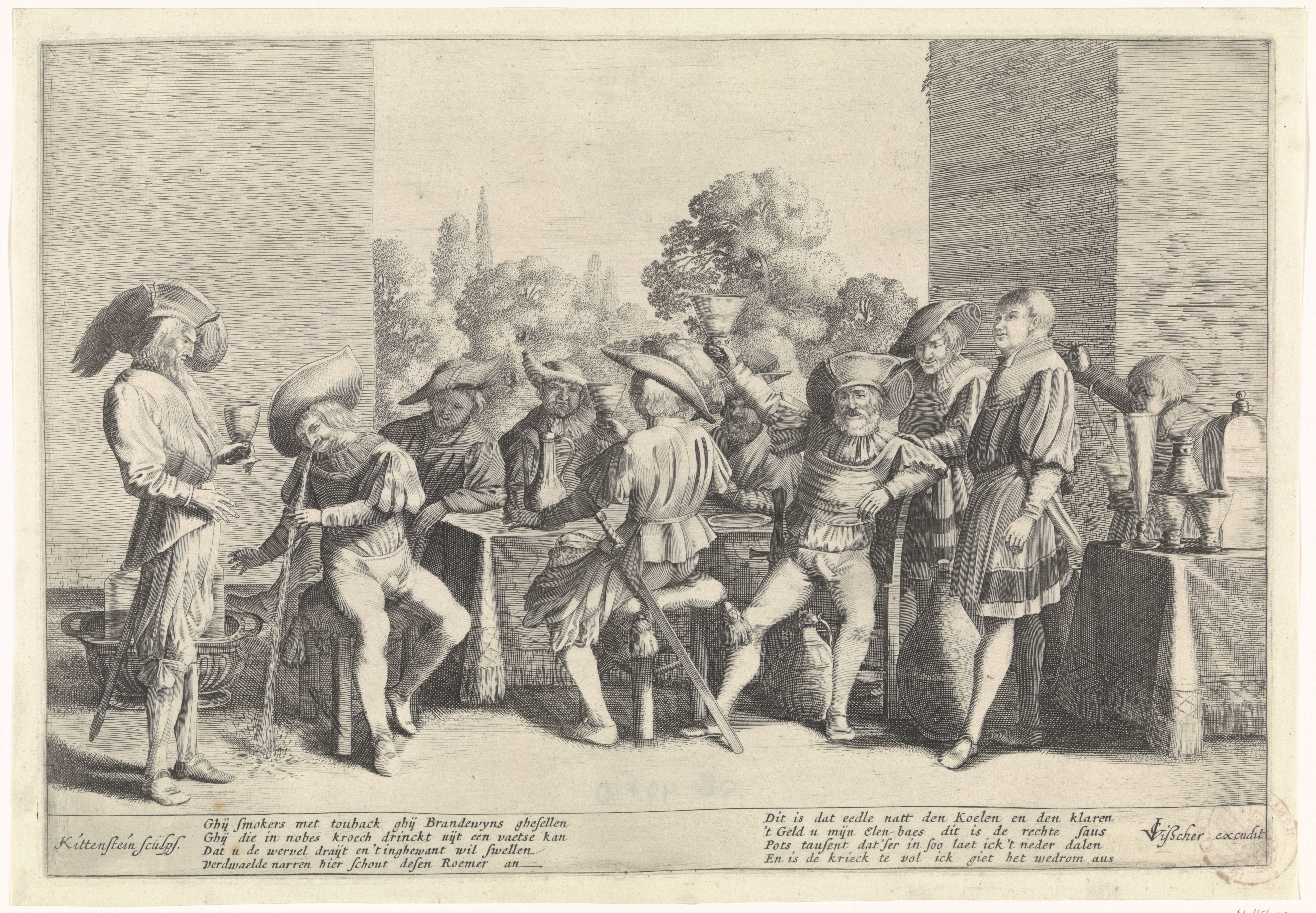 Edellieden rond een rijk gedekte tafel