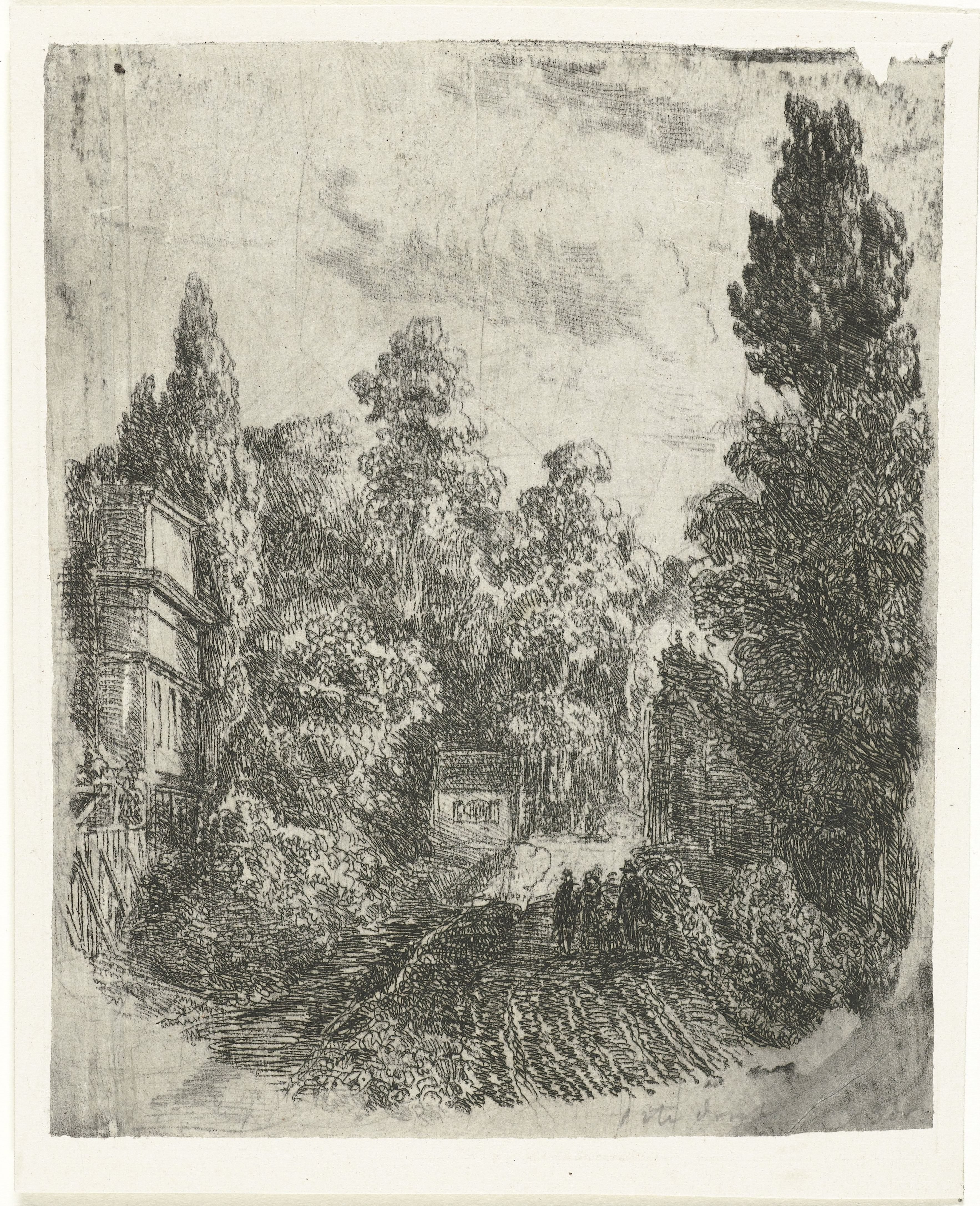 Landschap met drie wandelaars op een weg