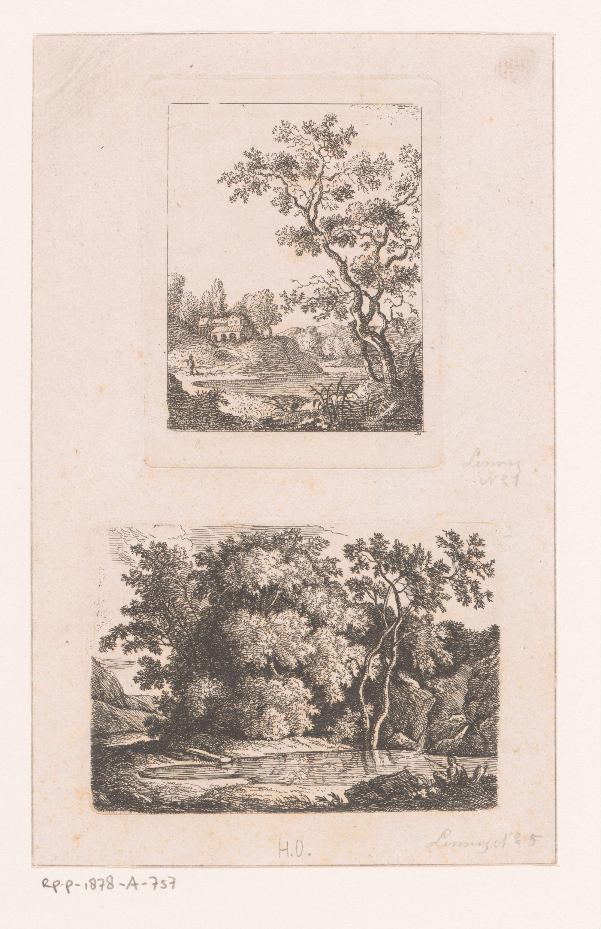 Twee landschappen met heuvels, een meer en bebossing