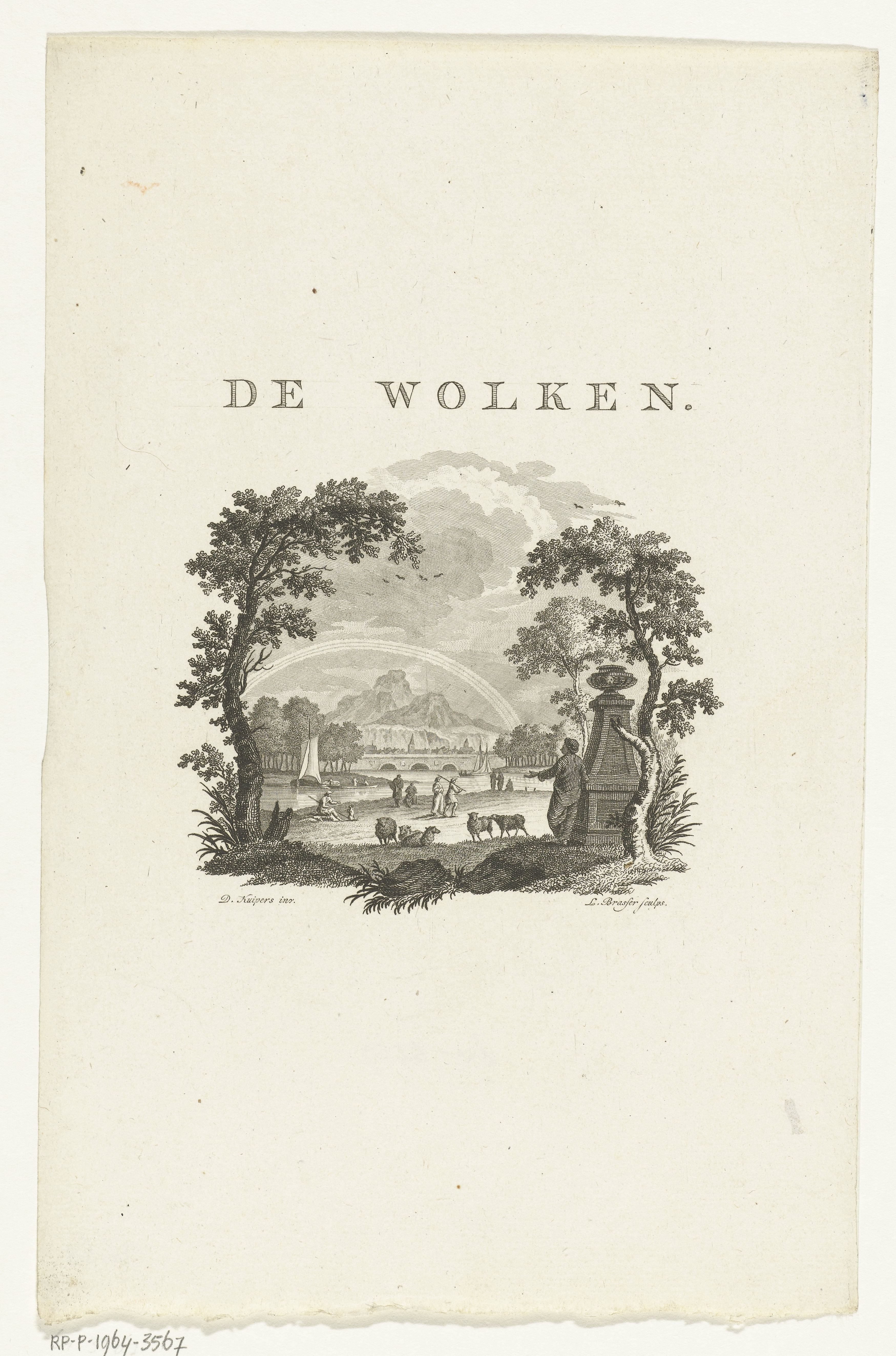 Vignet met rivierlandschap en regenboog in wolken