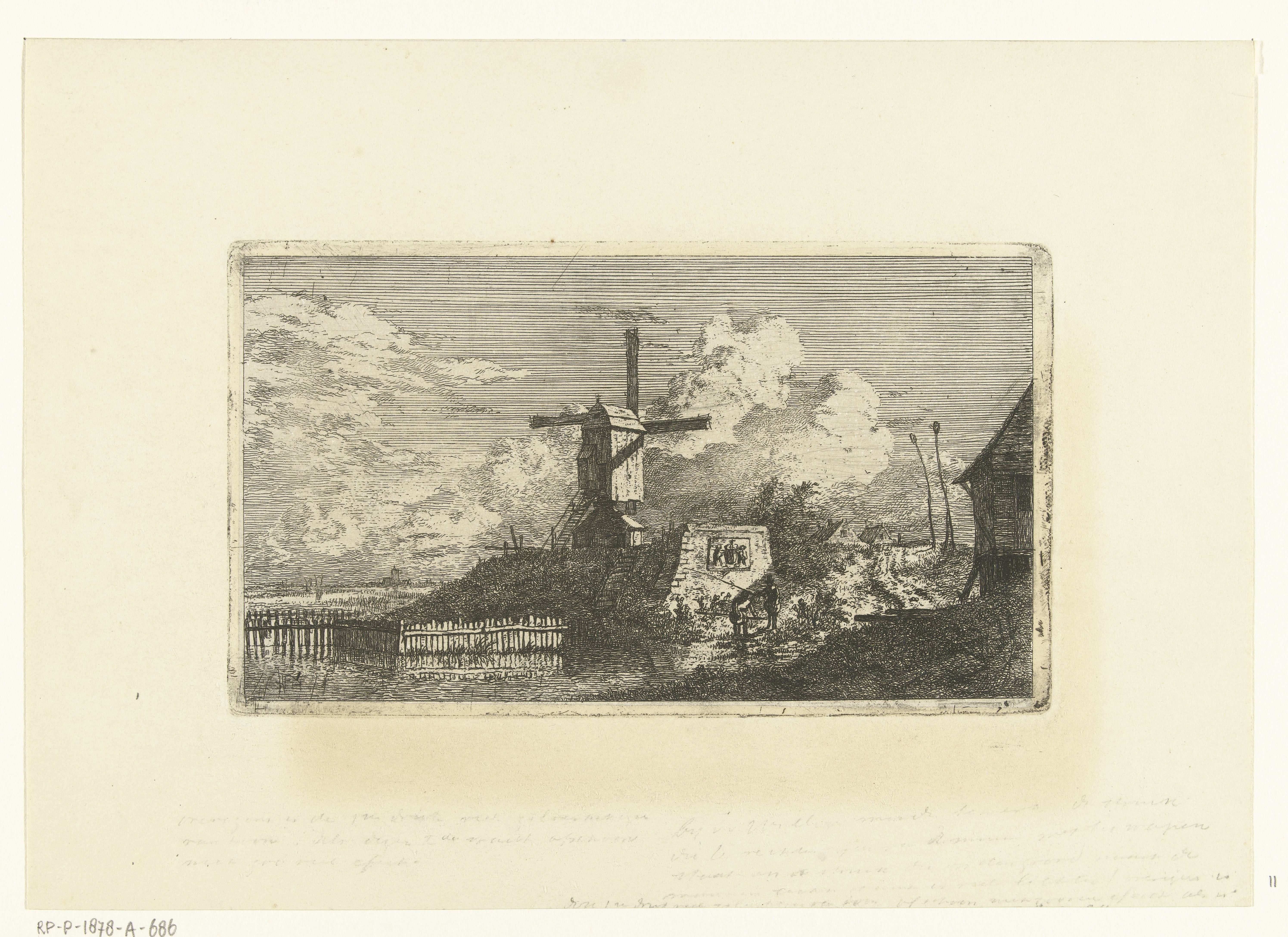 Landschap met molen op terp aan water