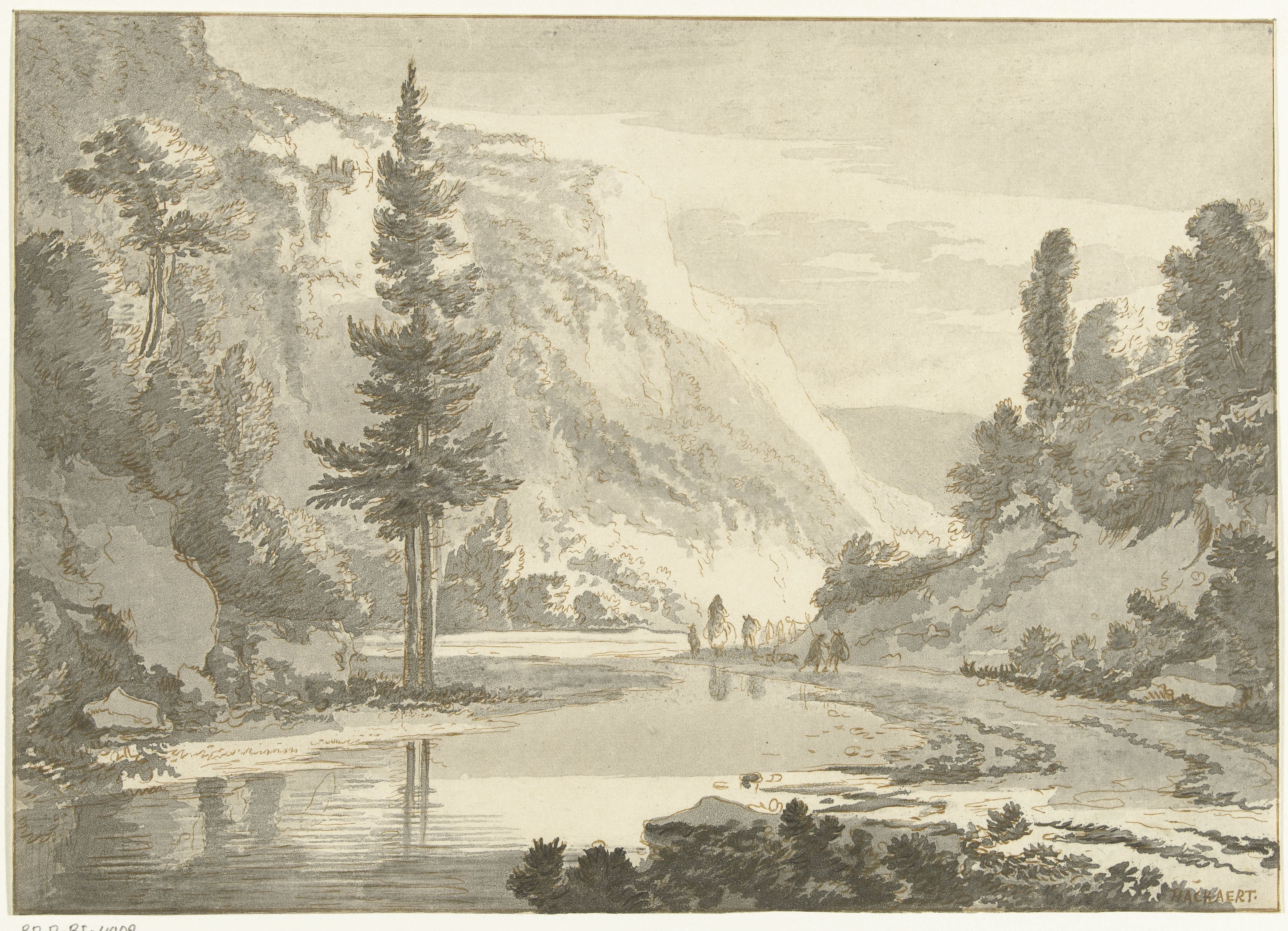 Berglandschap met herders op een rivieroever
