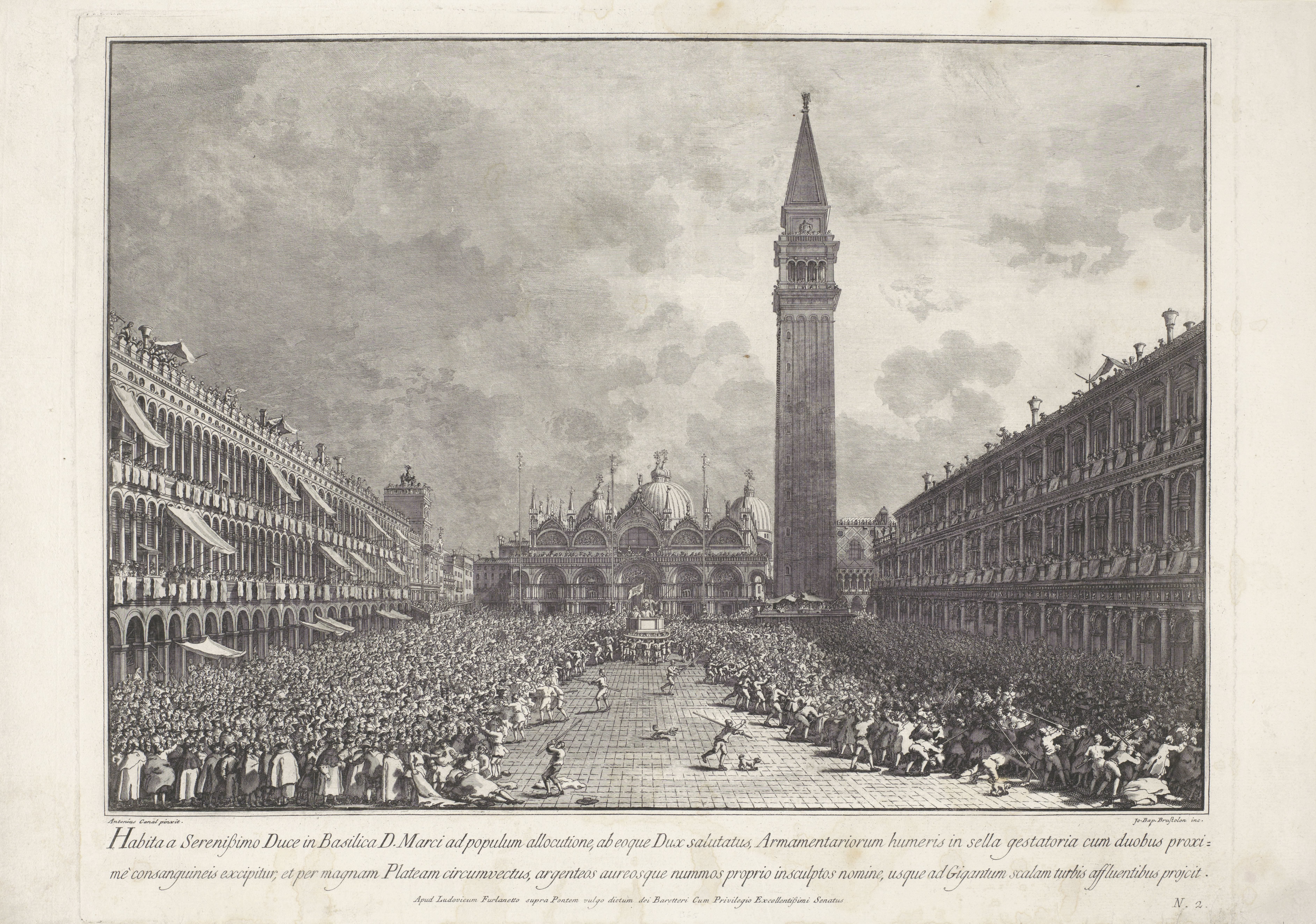 Doge wordt door menigte gedragen over het San Marco Plein