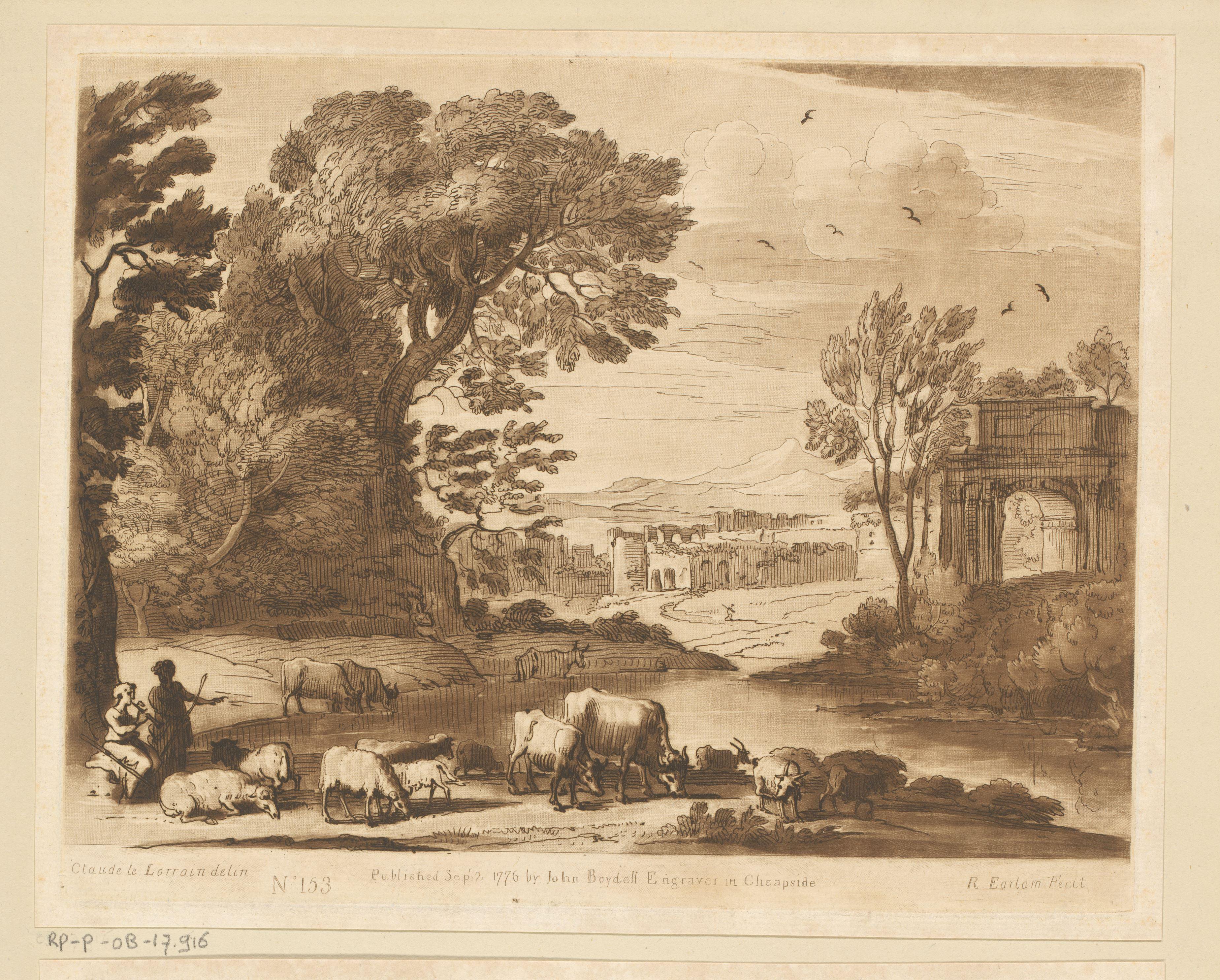 Landschap met ossen grazend aan een oever en de Boog van Titus