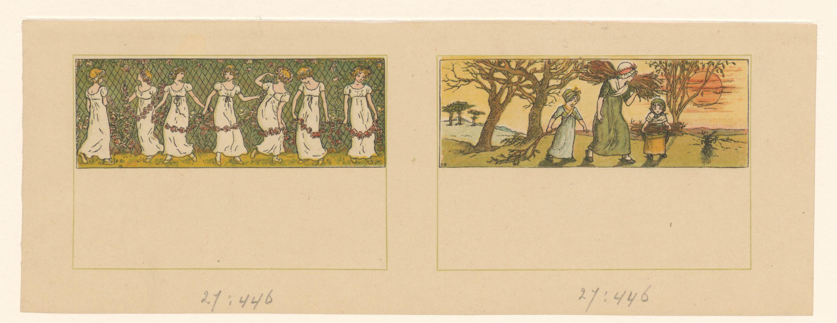 Vrouwen met guirlande en figuren die hout sprokkelen