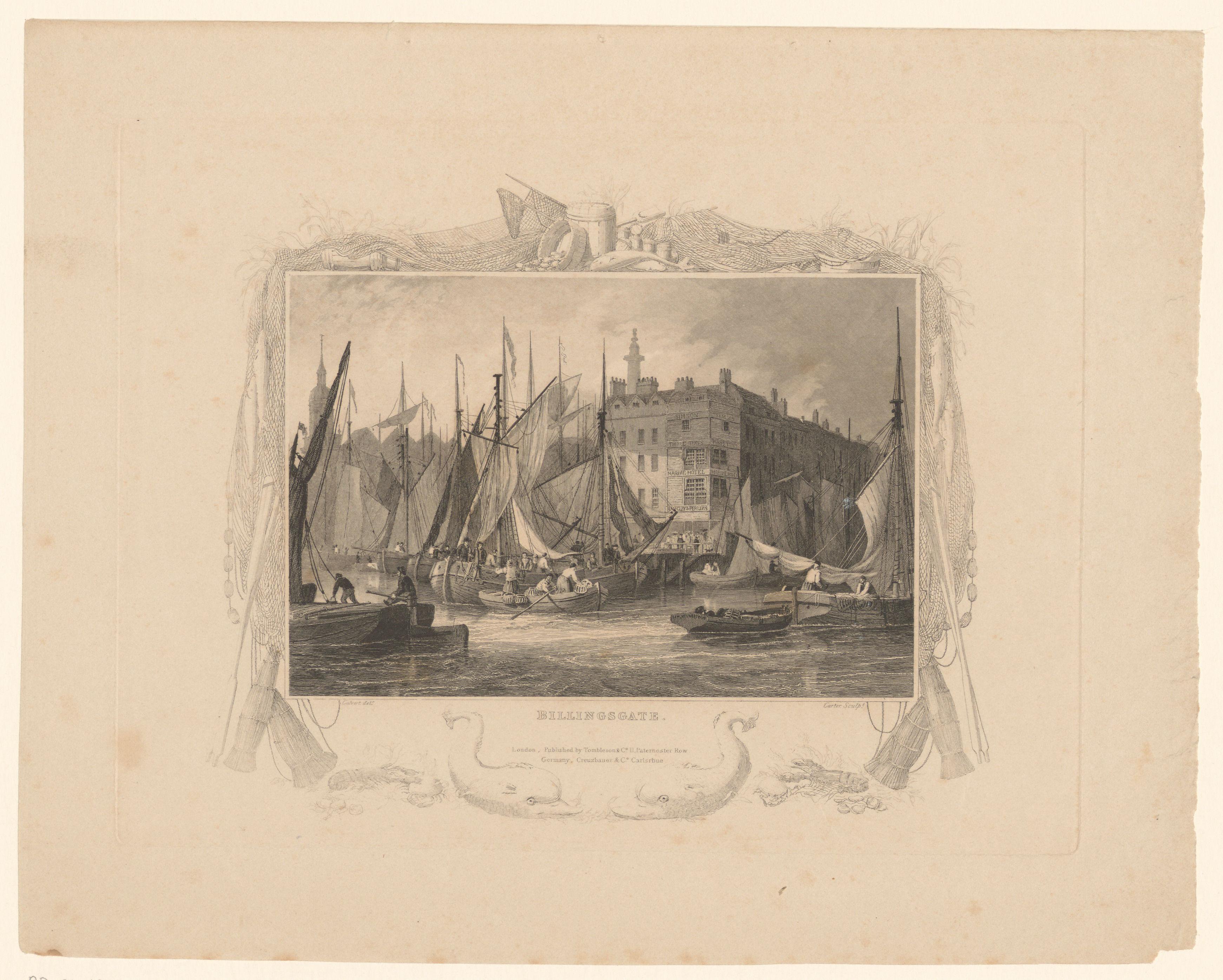 Gezicht op de haven bij een stadspoort van Londen
