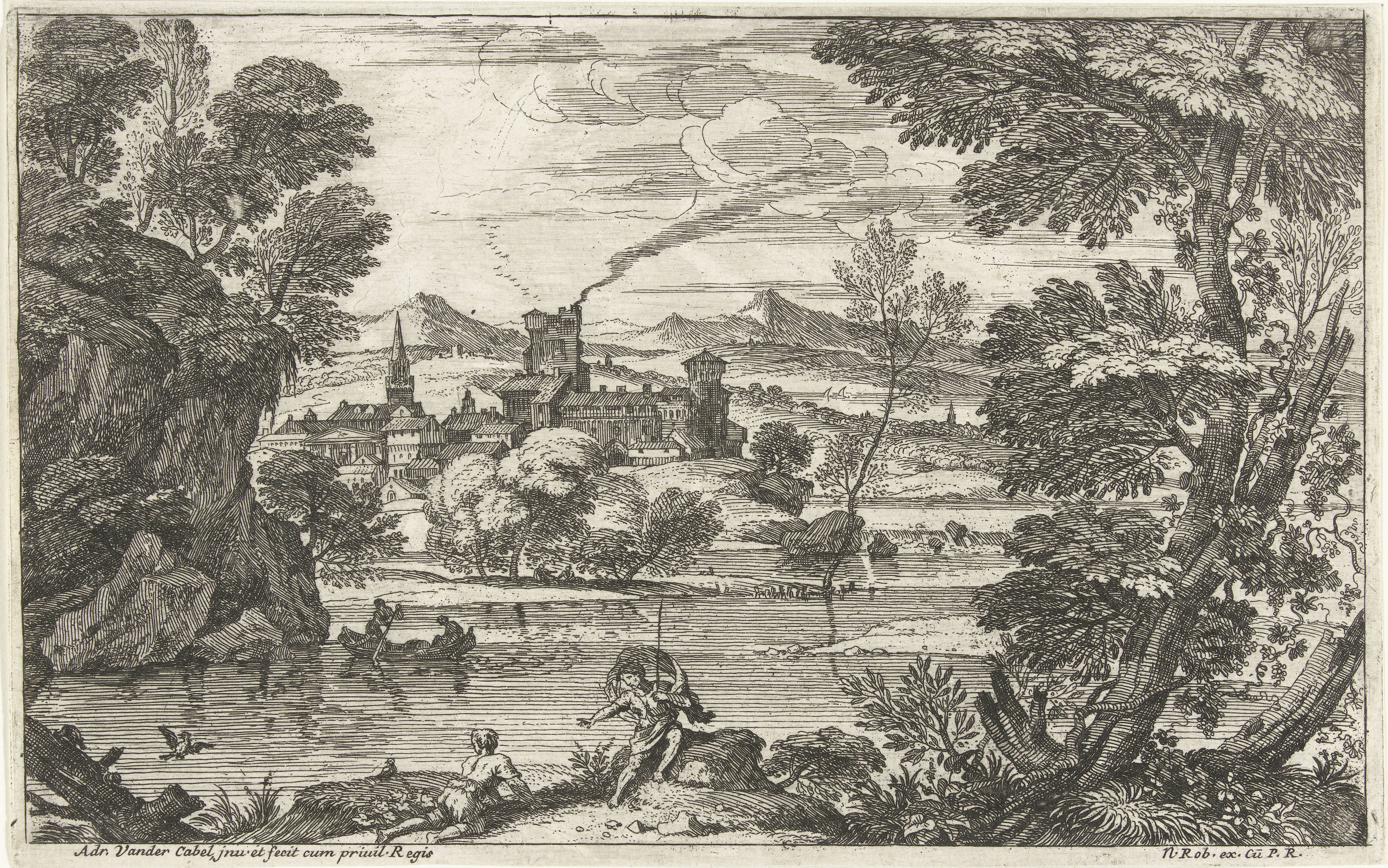 Landschap met man met wapperende mantel