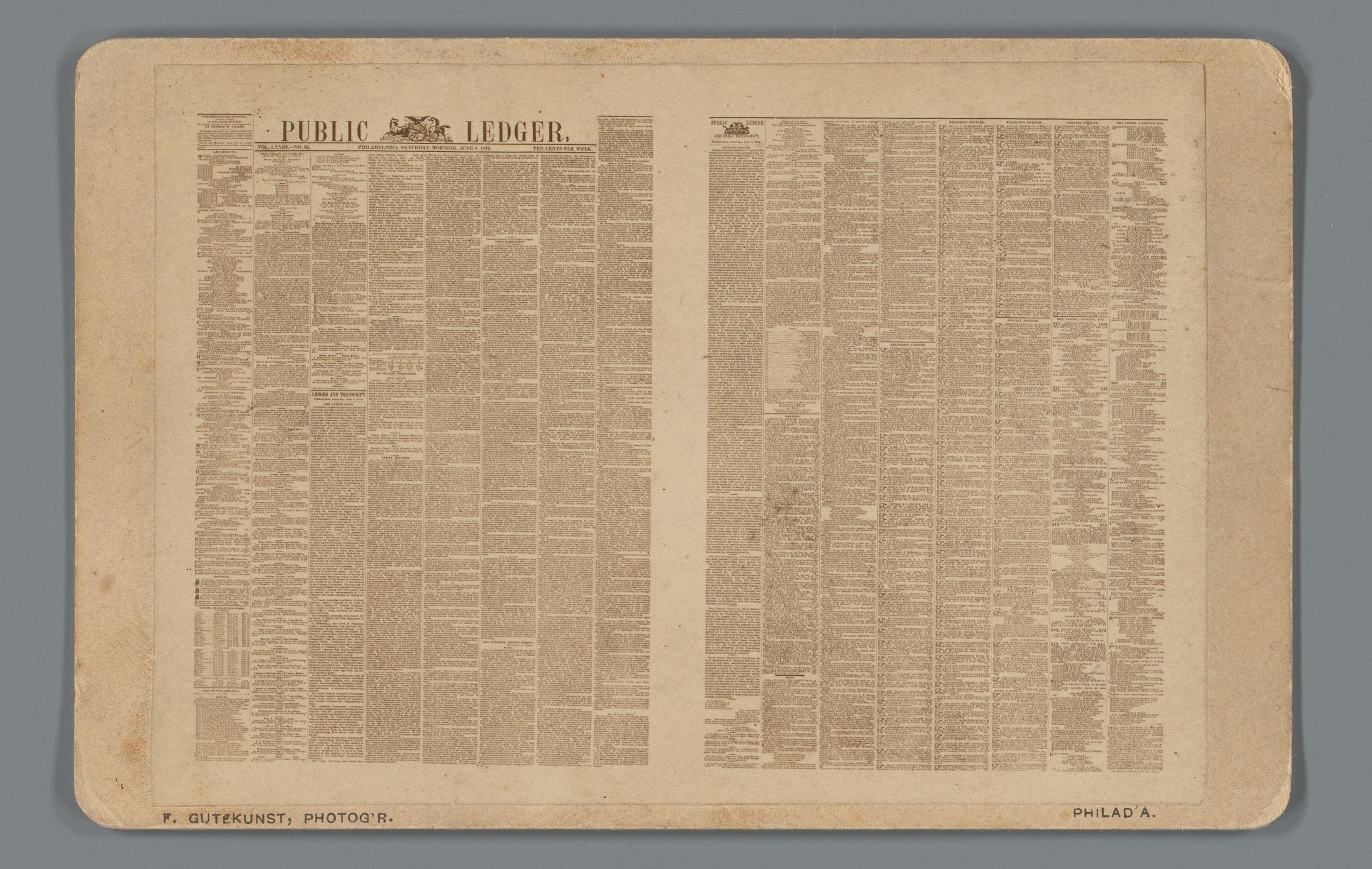 Reclame met een fotoreproductie van bladzijdes van de Public Ledger, geadverteerd door George W. Childs