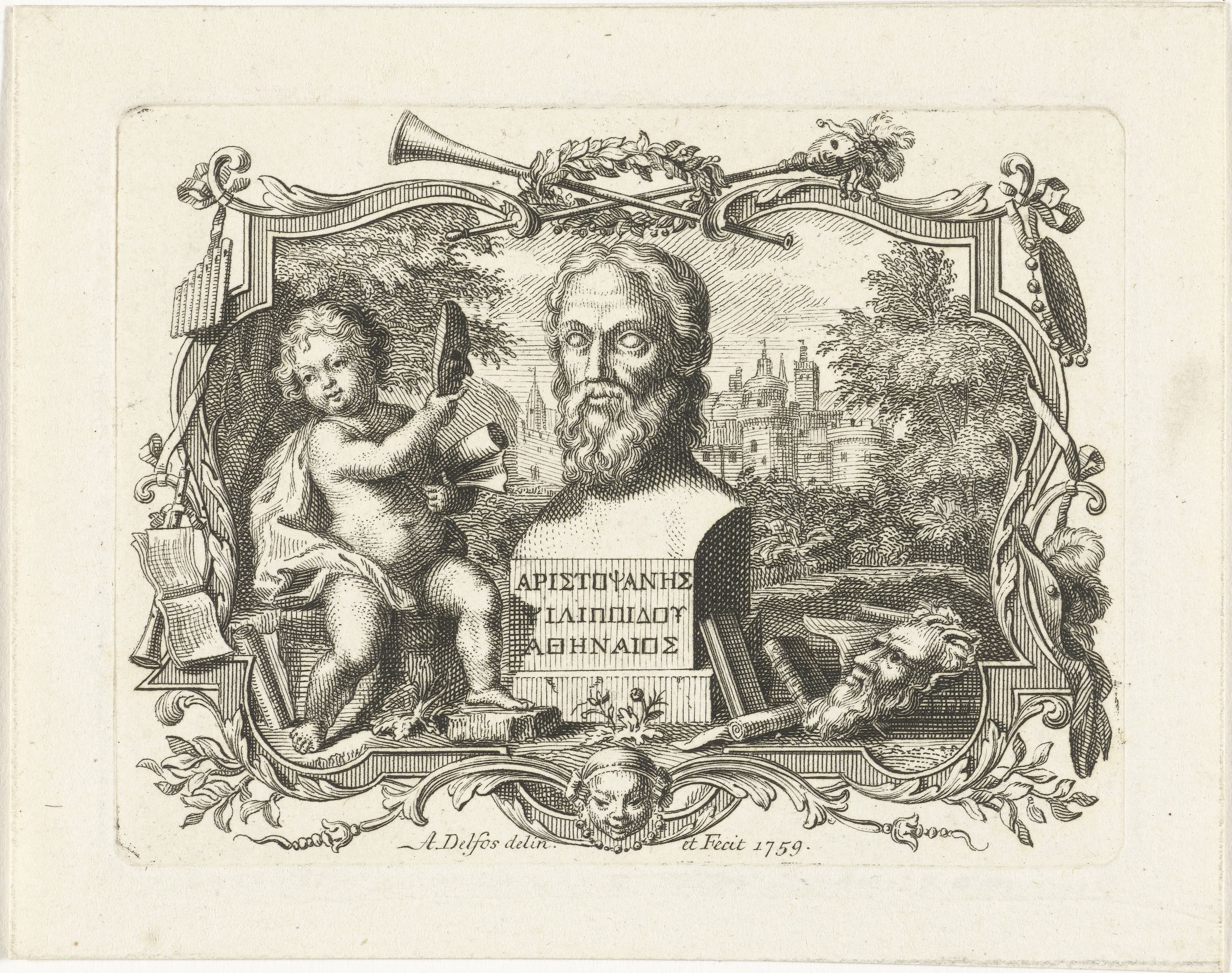 Buste van Aristophanes en putto met masker, in cartouche