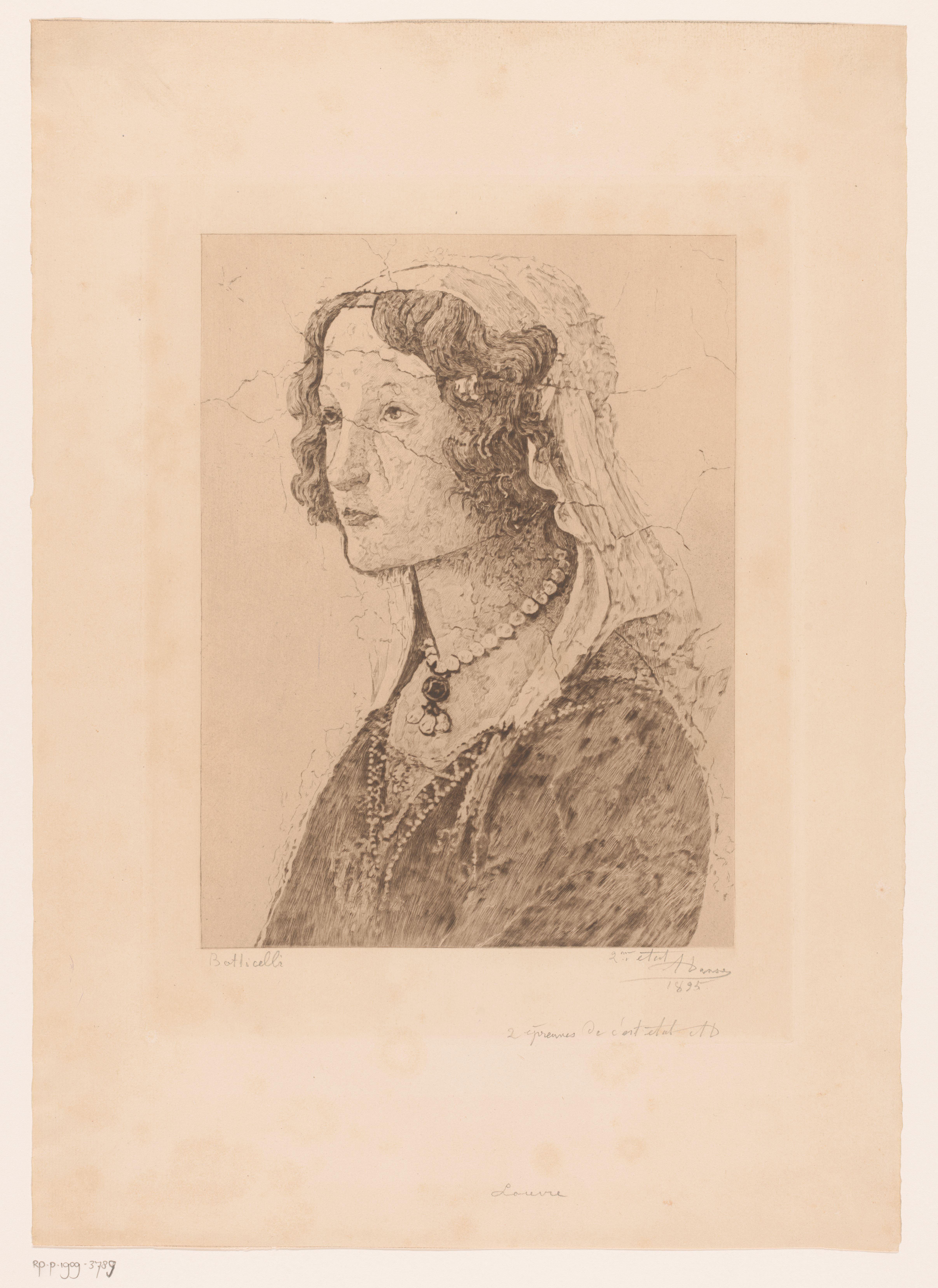 Detail uit een fresco van Botticelli, gezicht van een jonge vrouw