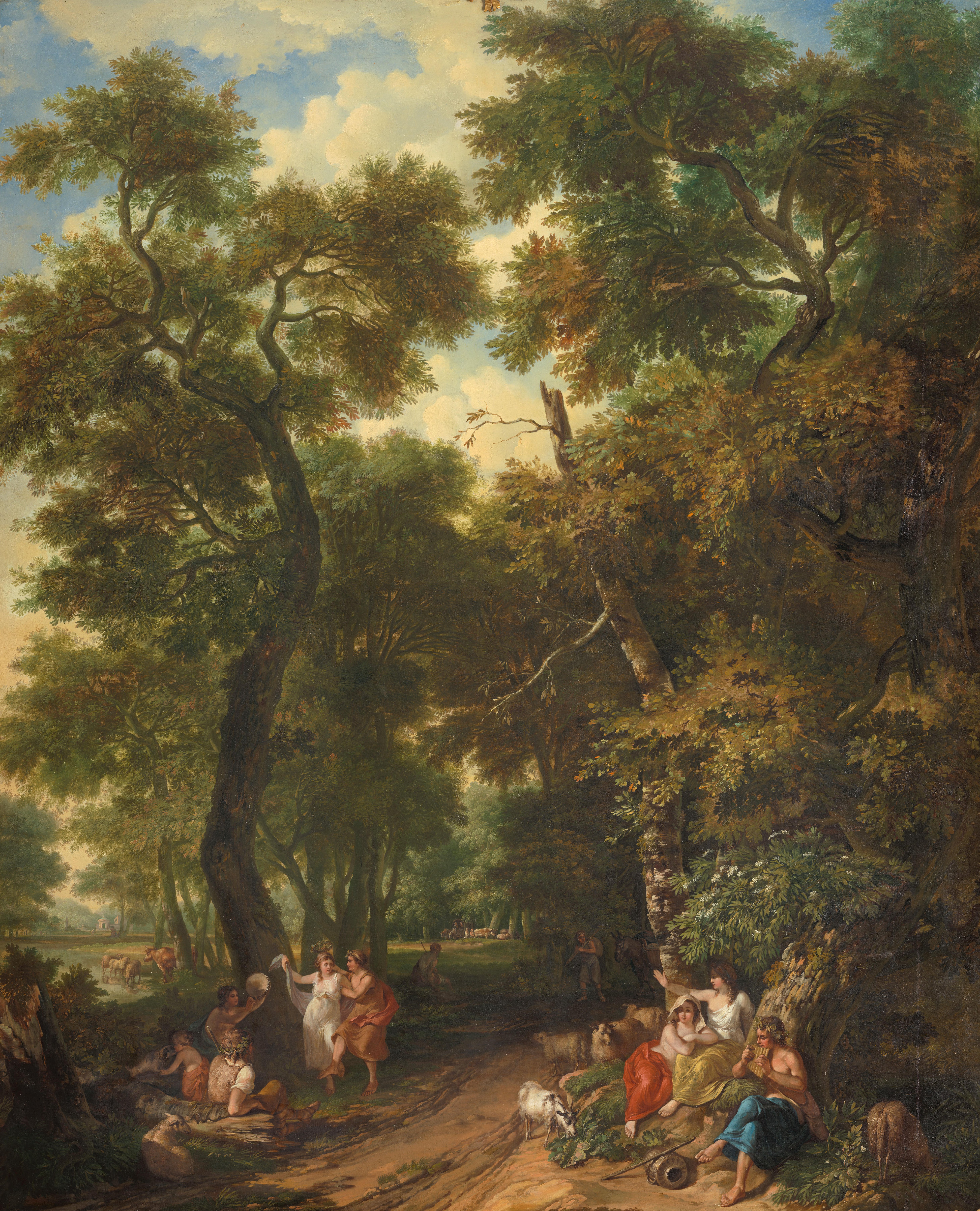 Arcadisch landschap met musicerende en dansende herders