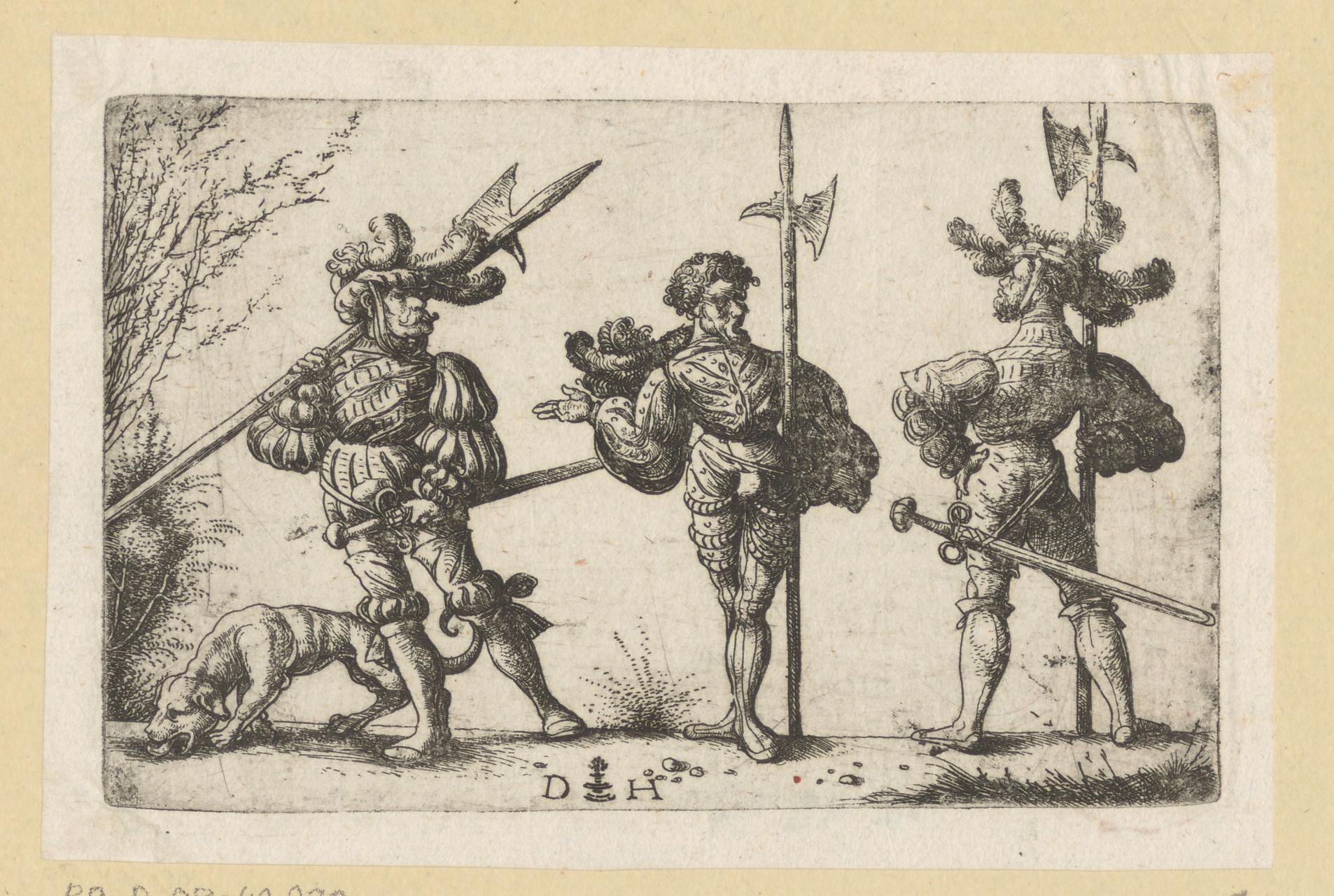 Drie Duitse landsknechten met een hellebaard