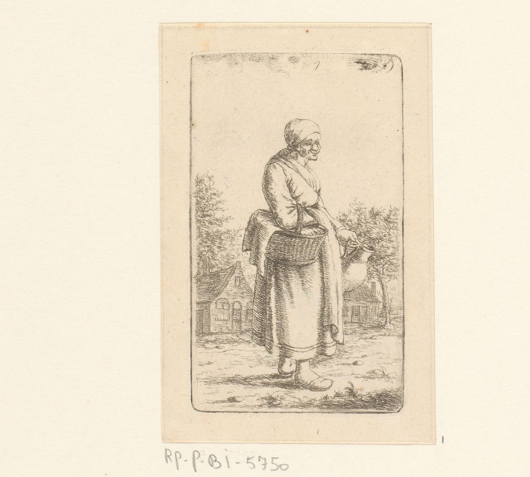 Oude vrouw met mand en kruik