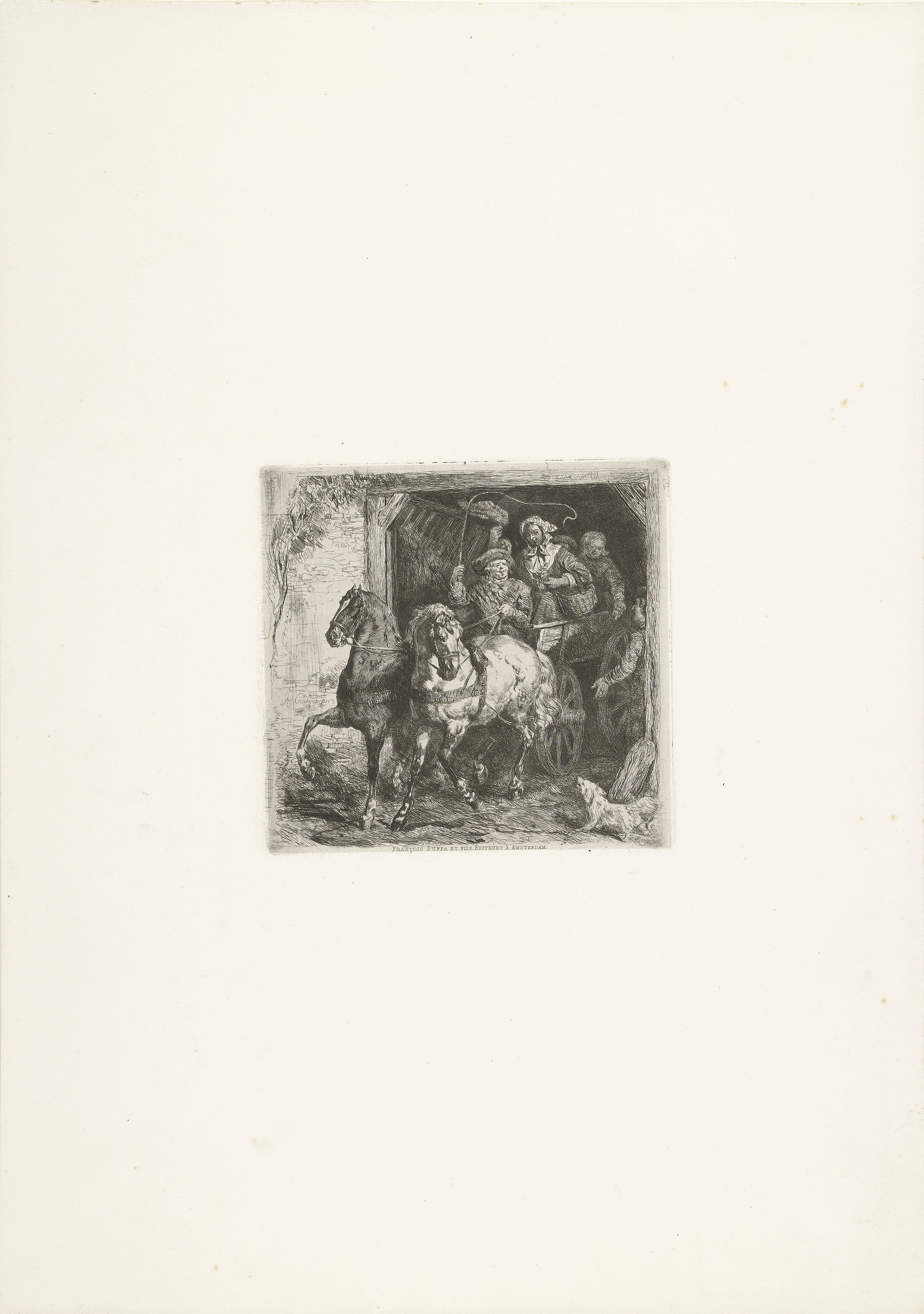 Uitrijdende wagen met boeren