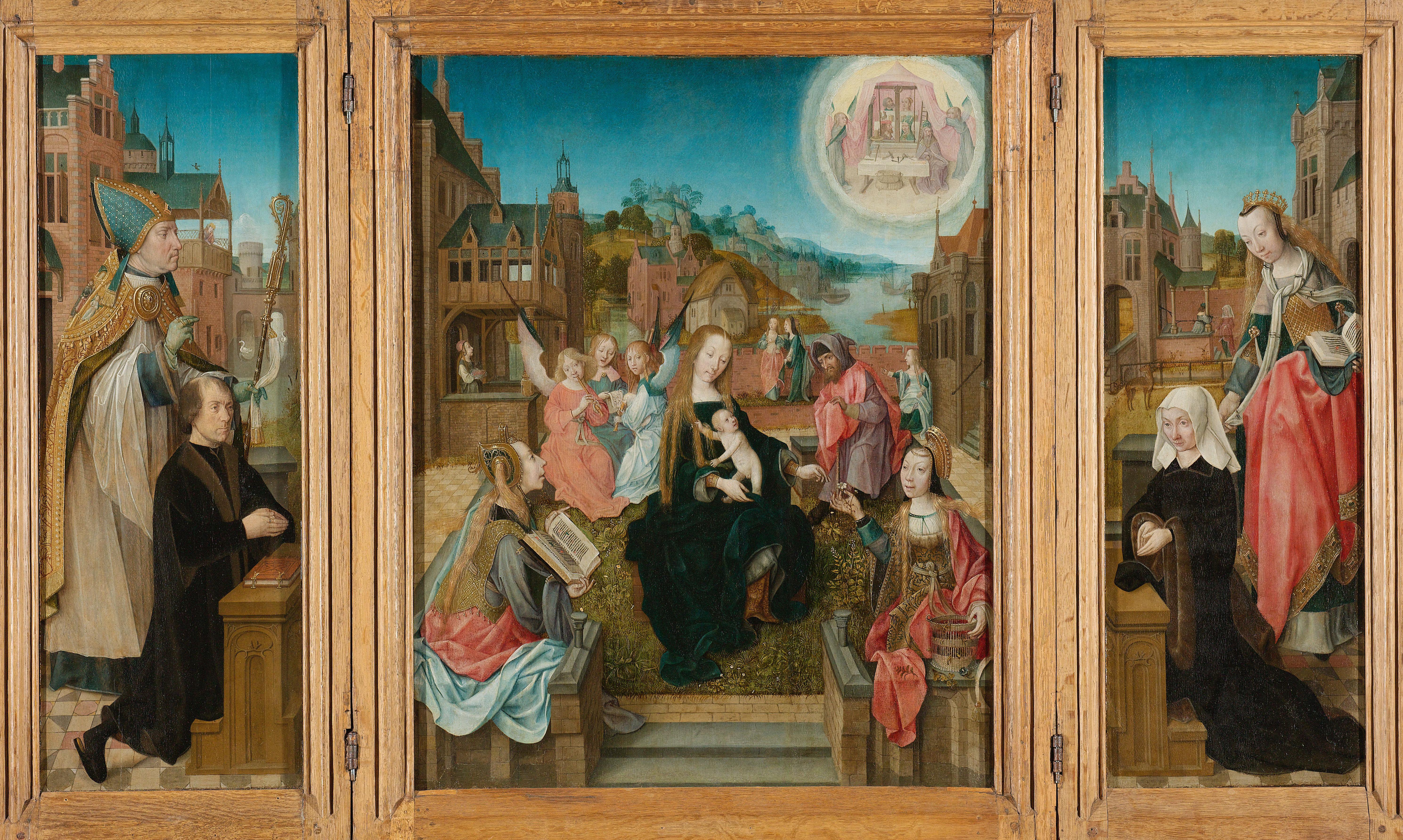 Triptych with Virgin and Child with Saints (center), male Donor with Saint Martin (left, inner wing), female Donor with Saint Cunera (right, inner wing), and the Annunciation (outer wings)