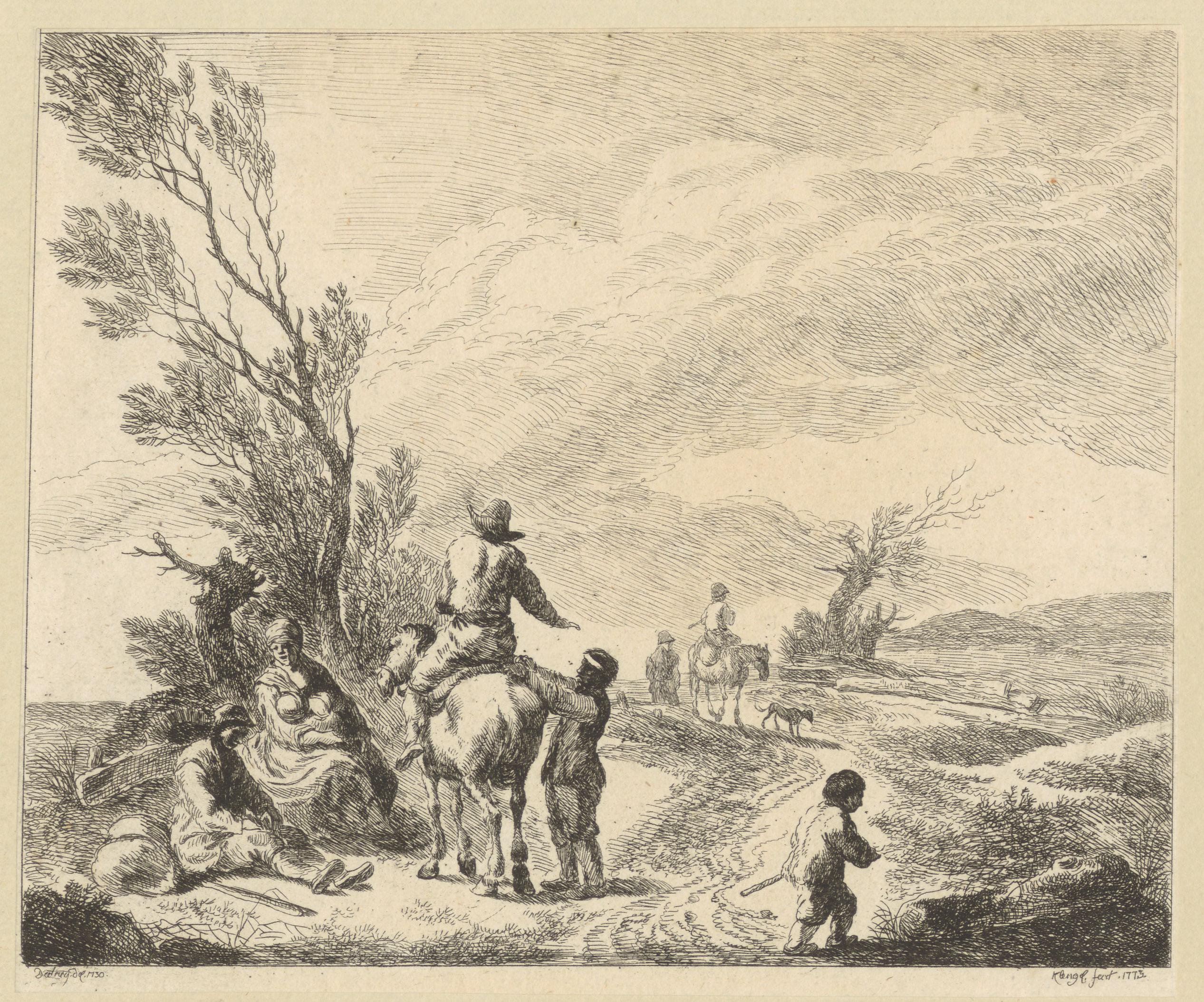 Landschap met ruiters en een rustende familie langs een pad