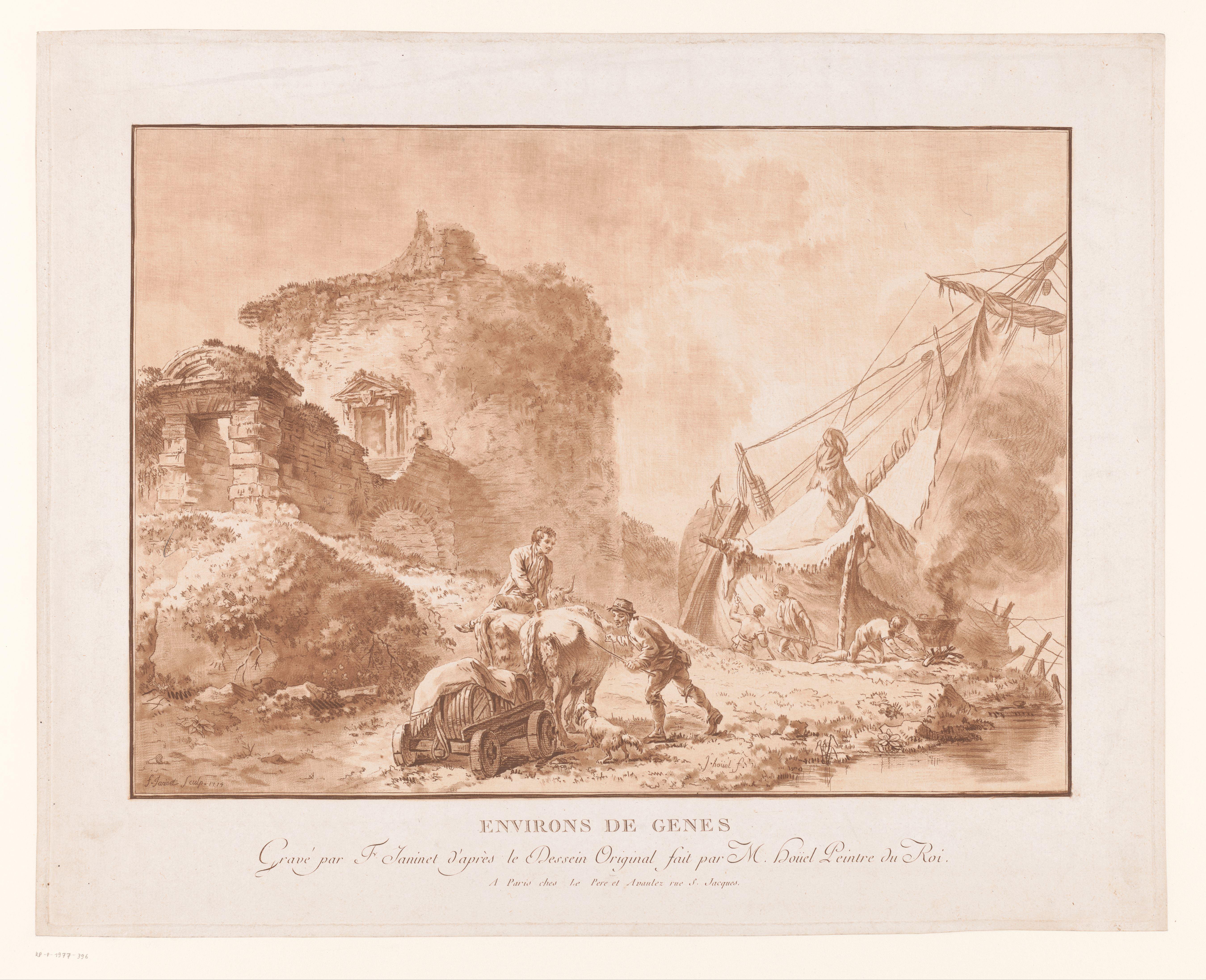 Landschap met ruïnes en een schip in de omgeving van Genua