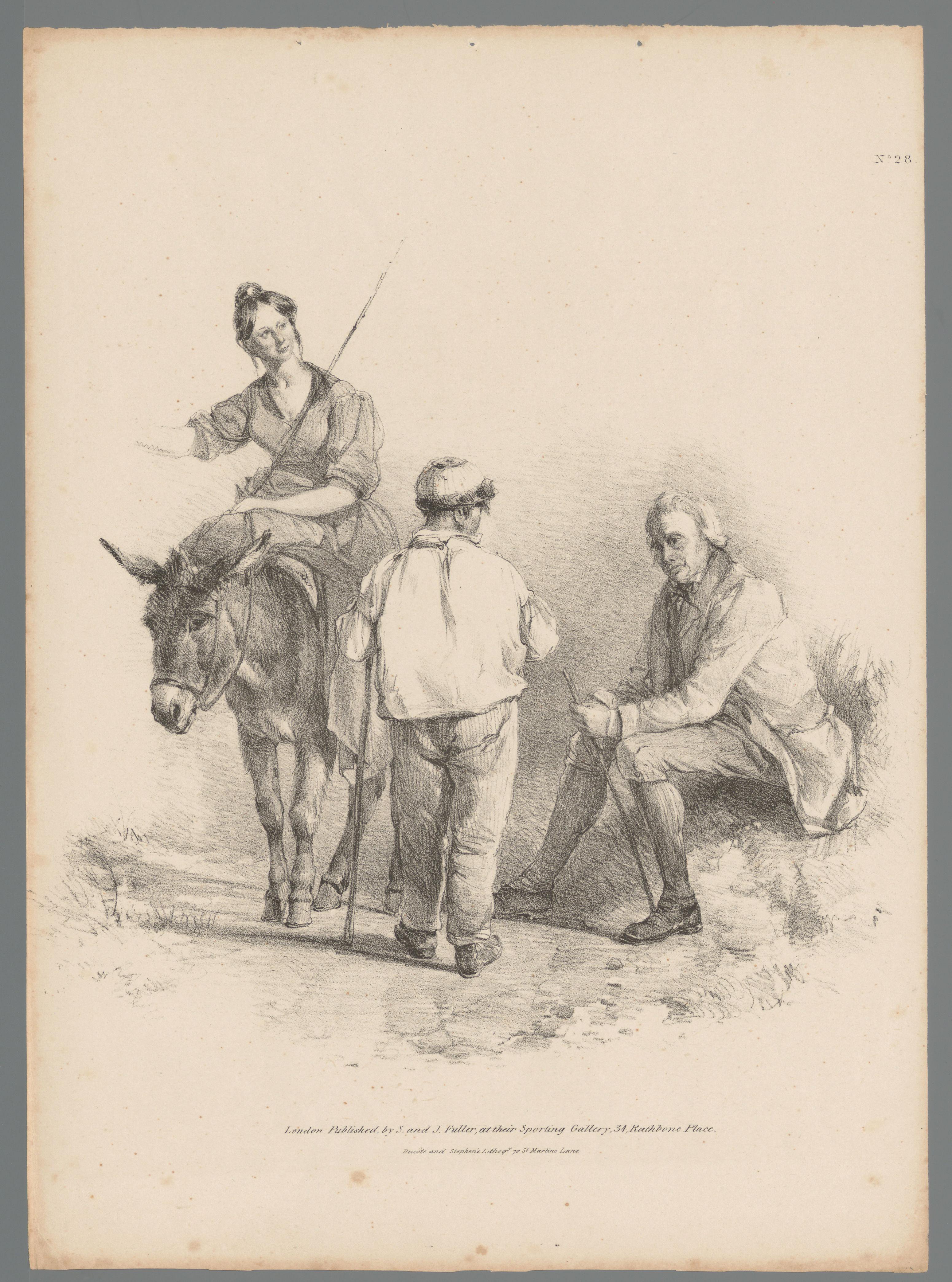 Vrouw te paard bij twee mannen