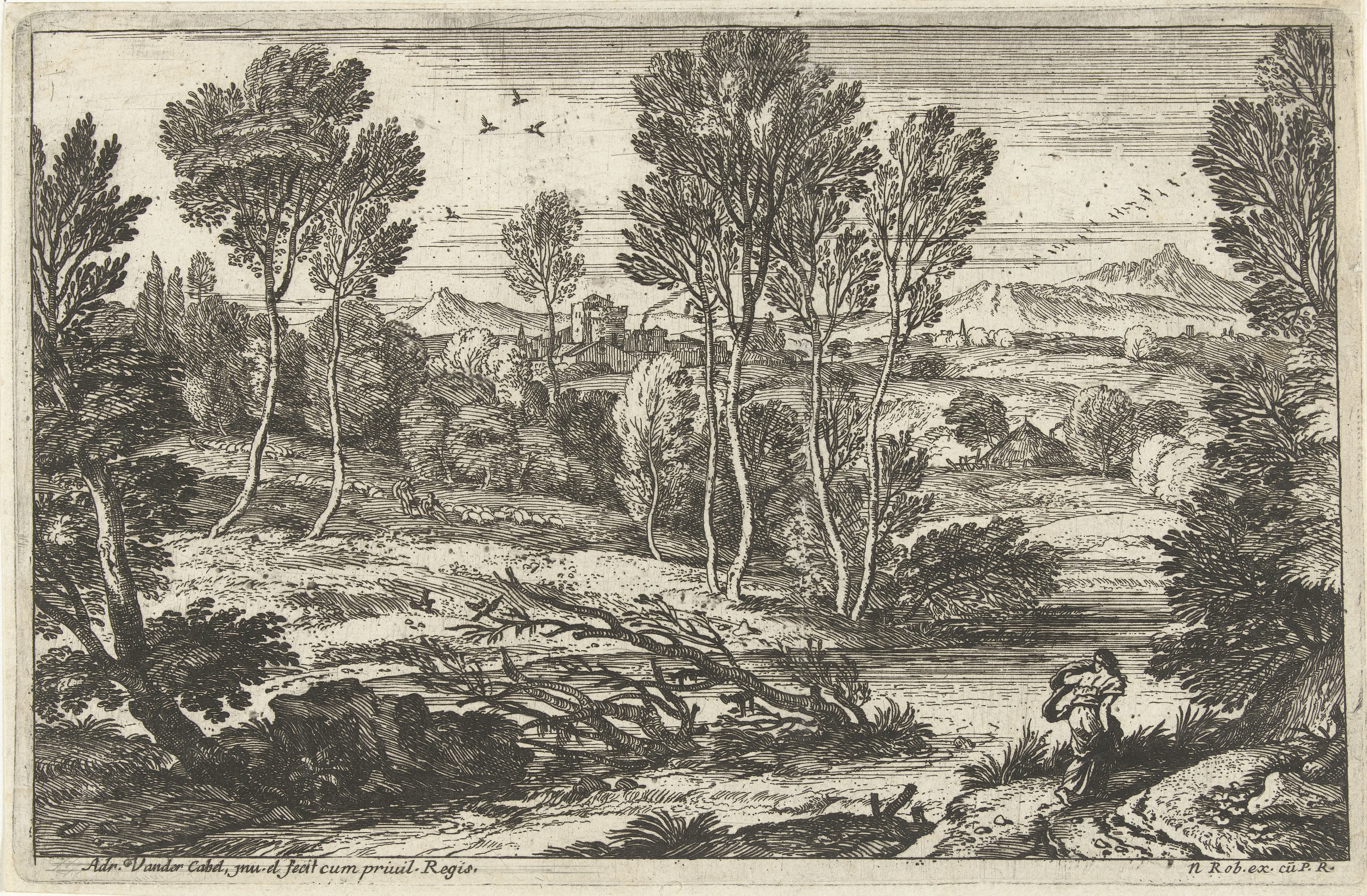 Landschap met vrouw lopend langs rivier