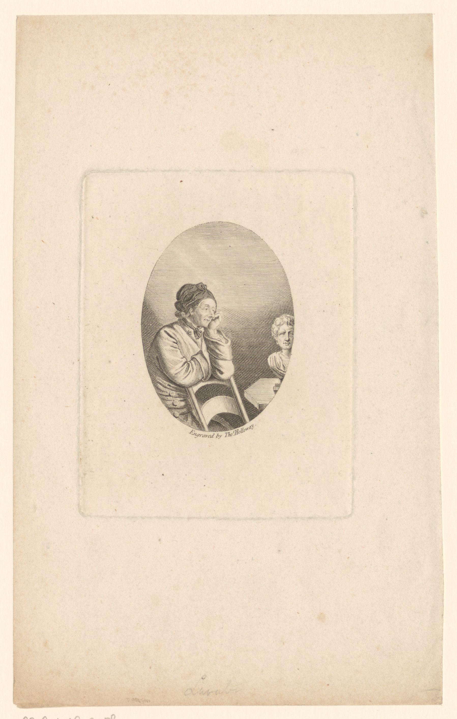 Man leunt met zijn elleboog op de rand van een stoel, mogelijk portret van Johann Caspar Lavater