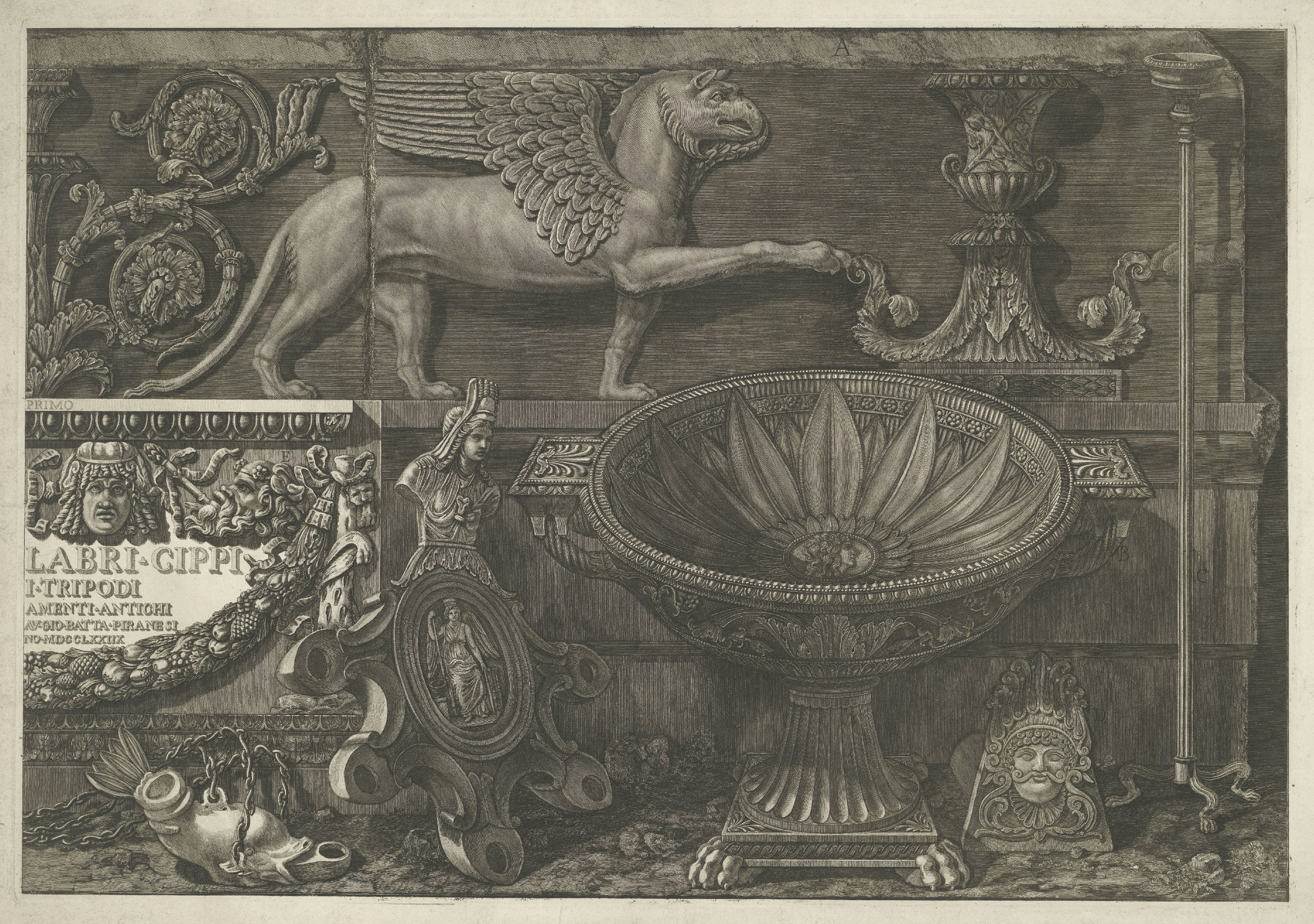 Titelprent met sculpturen, gebeeldhouwde reliëfs en een sarcofaag met titel (rechter deel)